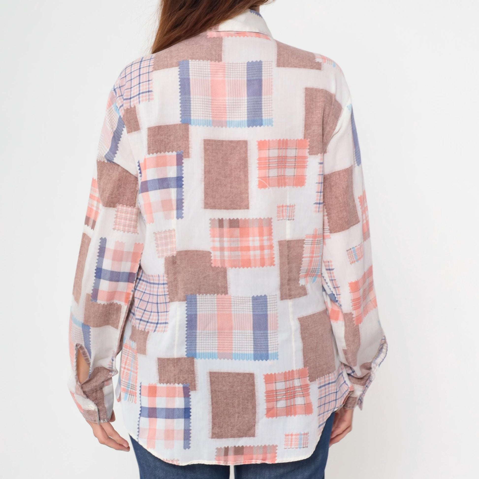 70s Patchwork Button Up Shirt Fabric Swatch Quilt Print Coral Blue Brown Large