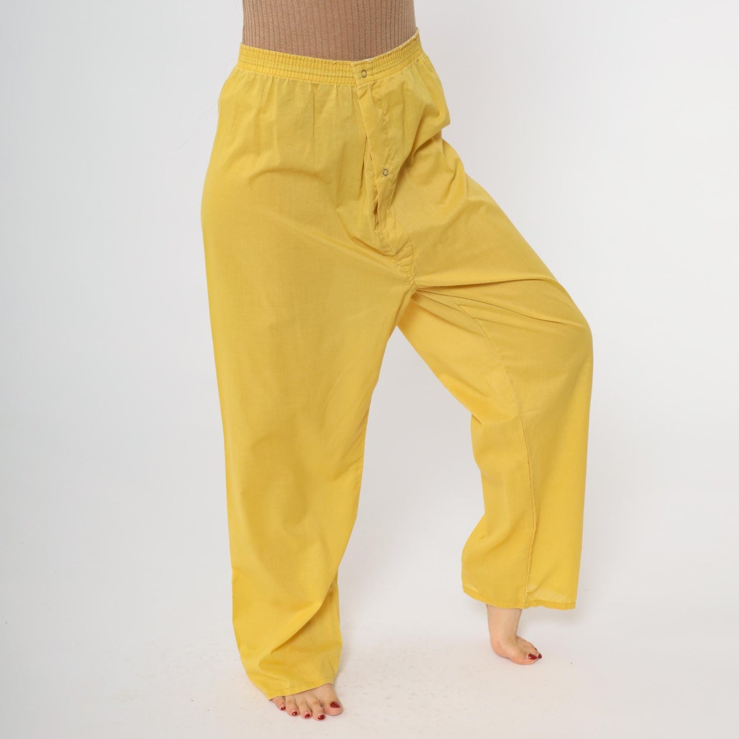 80s Yellow Pajama Pants Elastic Waist Button Fly Loungewear Large L