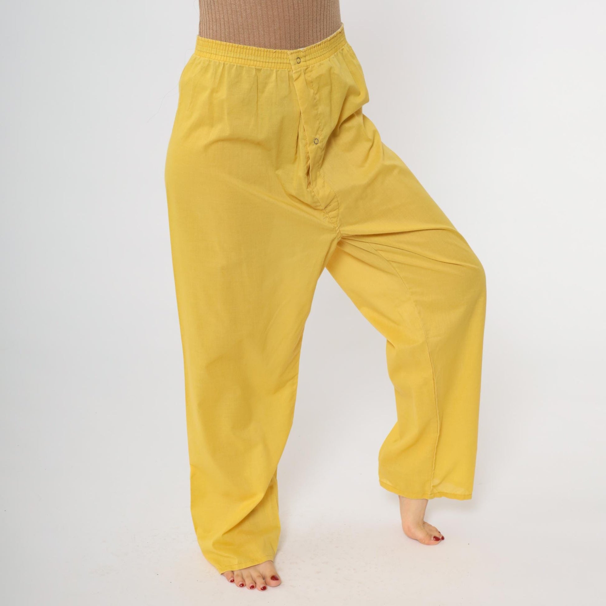 80s Yellow Pajama Pants Elastic Waist Button Fly Loungewear Large L