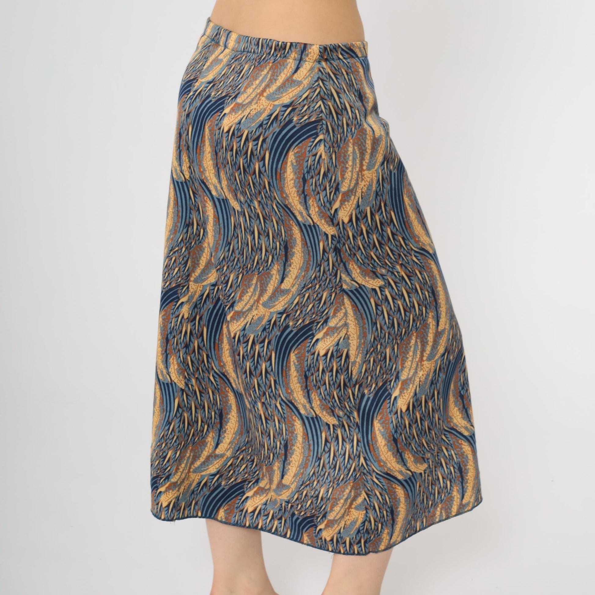 70s Abstract Midi Skirt Blue Gold Swirl Elastic Waist Medium M