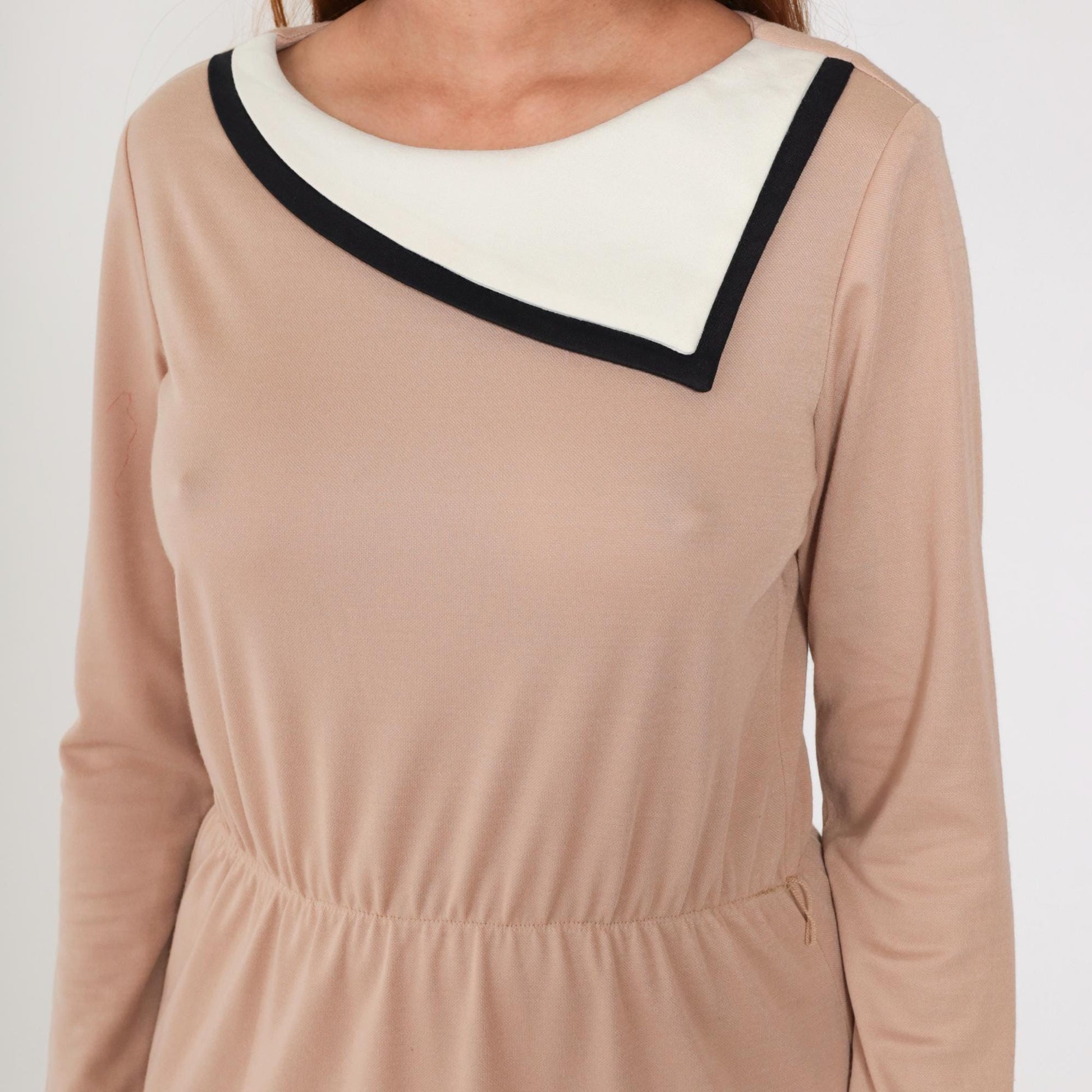 80s Color Block Midi Dress Tan Black White Geometric Long Sleeve Medium