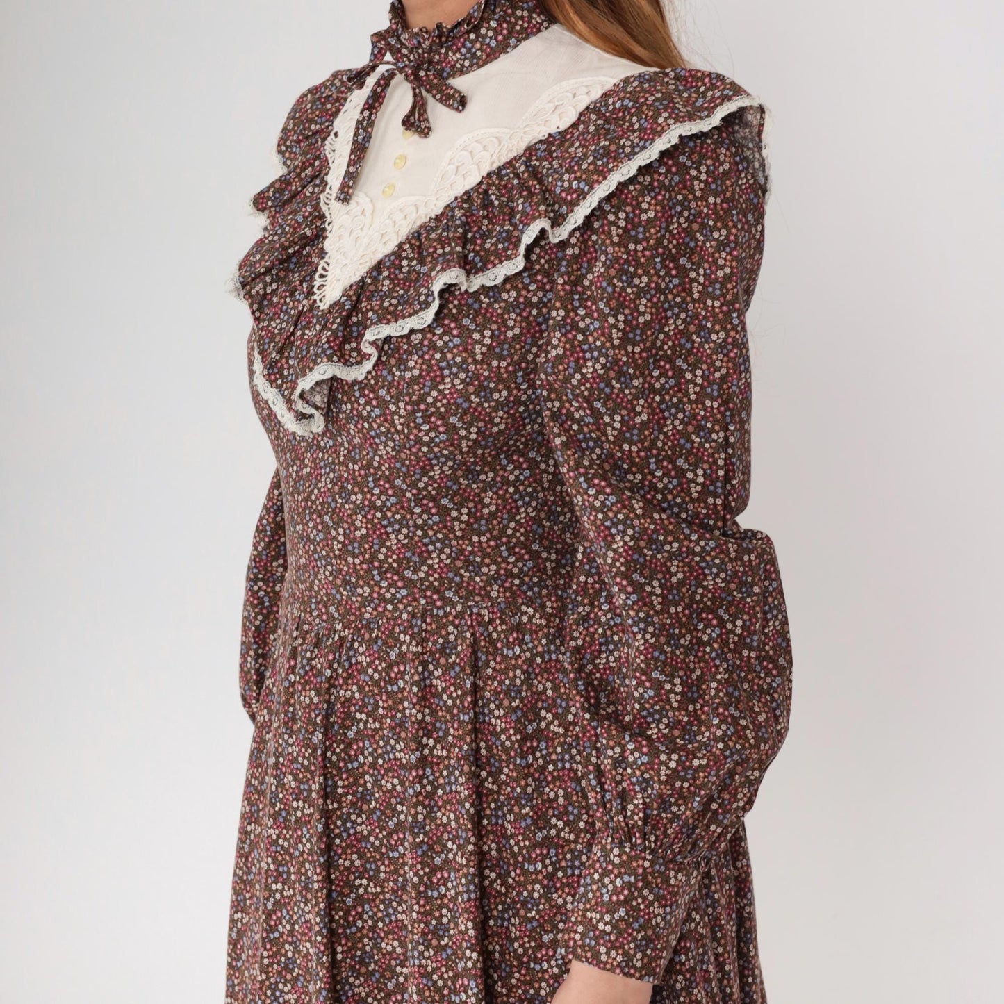 70s Gunne Sax Prairie Dress Brown Floral Cotton Midi Long Sleeve Small