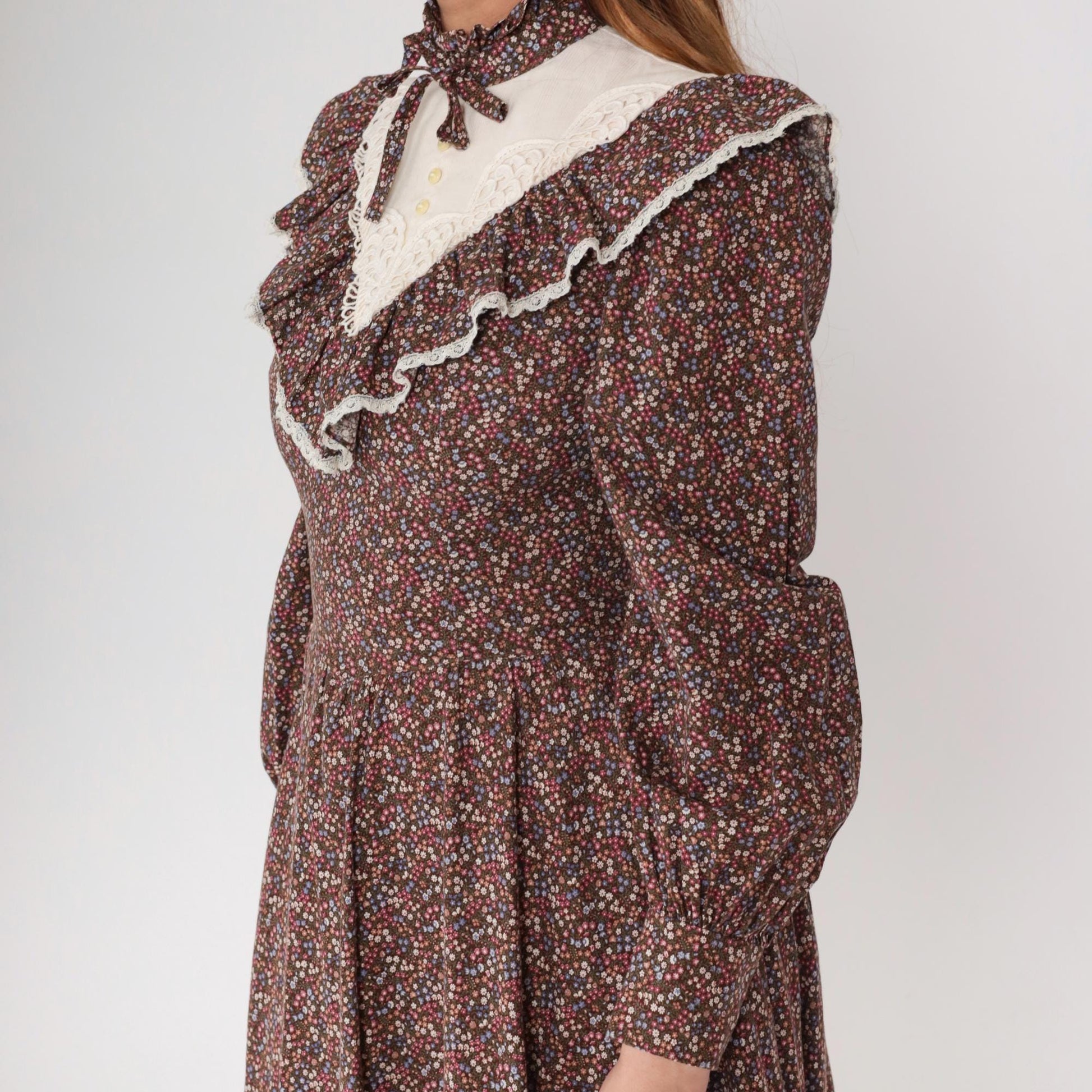70s Gunne Sax Prairie Dress Brown Floral Cotton Midi Long Sleeve Small