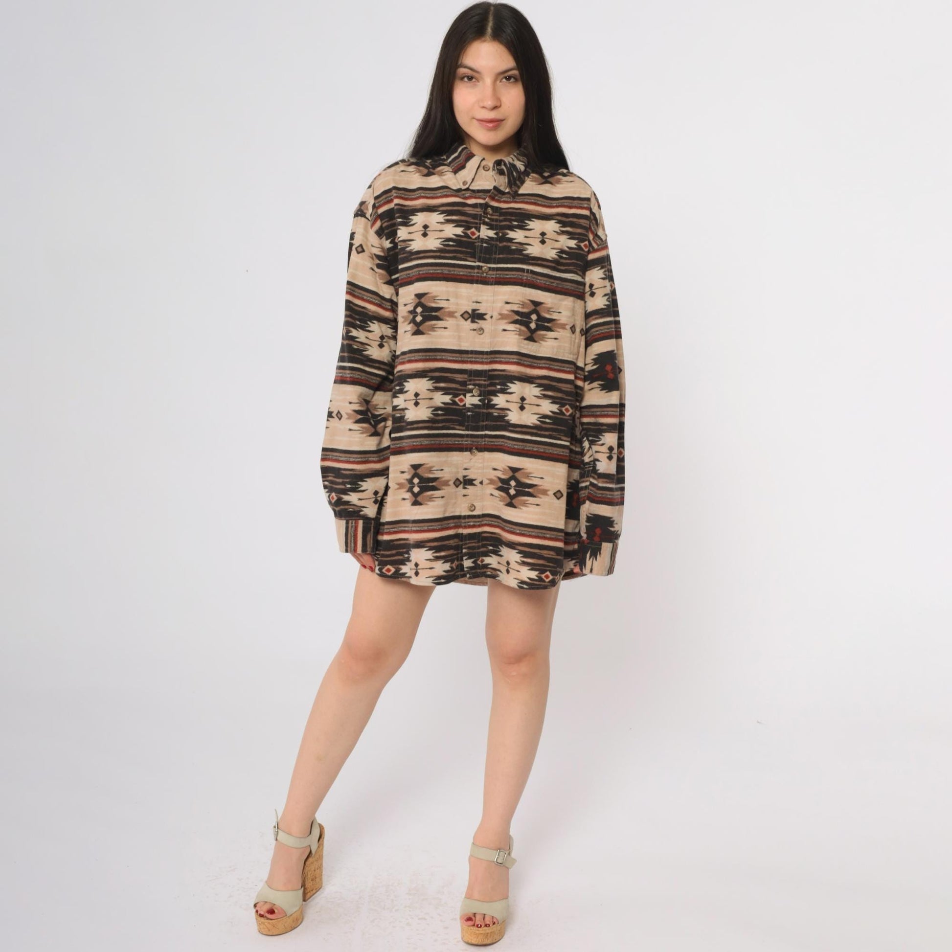 Y2K Woods & Water Southwestern Flannel Shirt Beige Black Red Tribal Button Down Extra Large XL