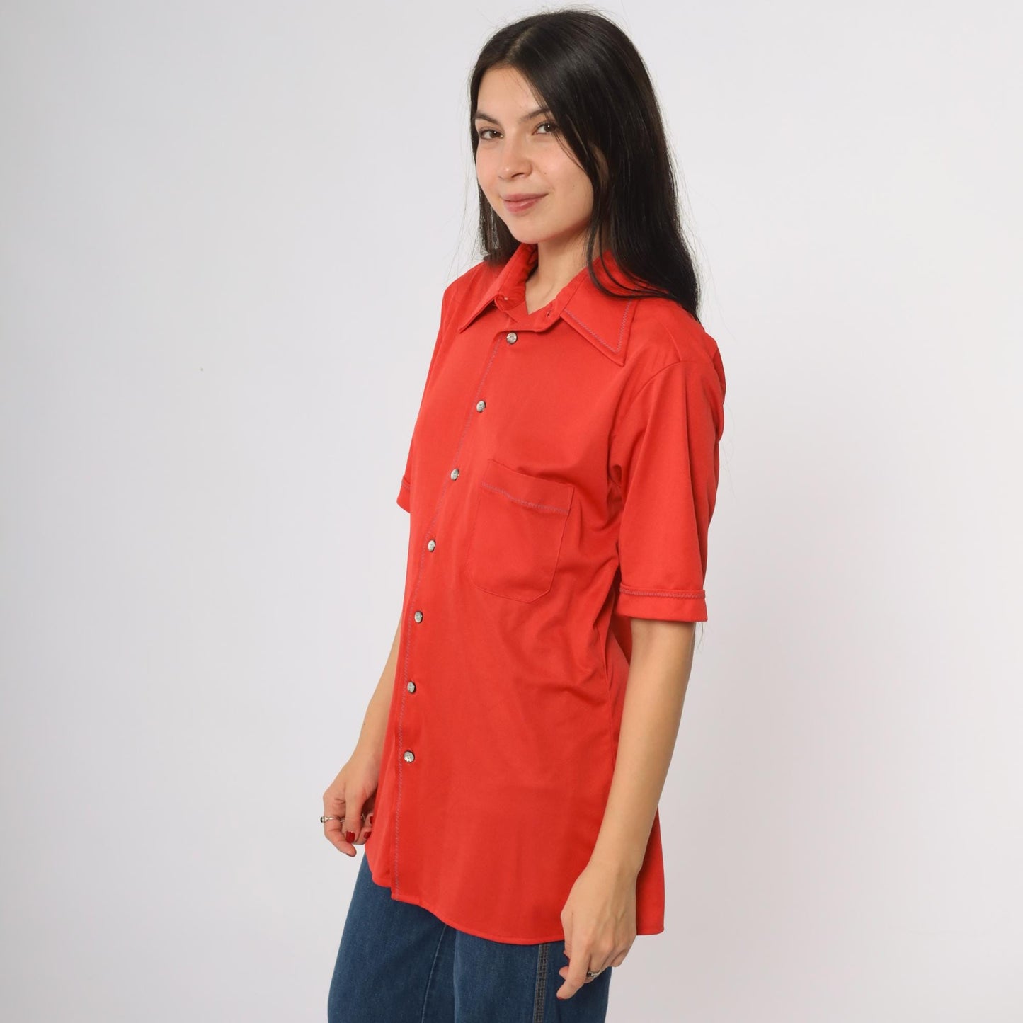 70s Arrow Button Shirt Orange-Red Short Sleeve Chest Pocket Medium M