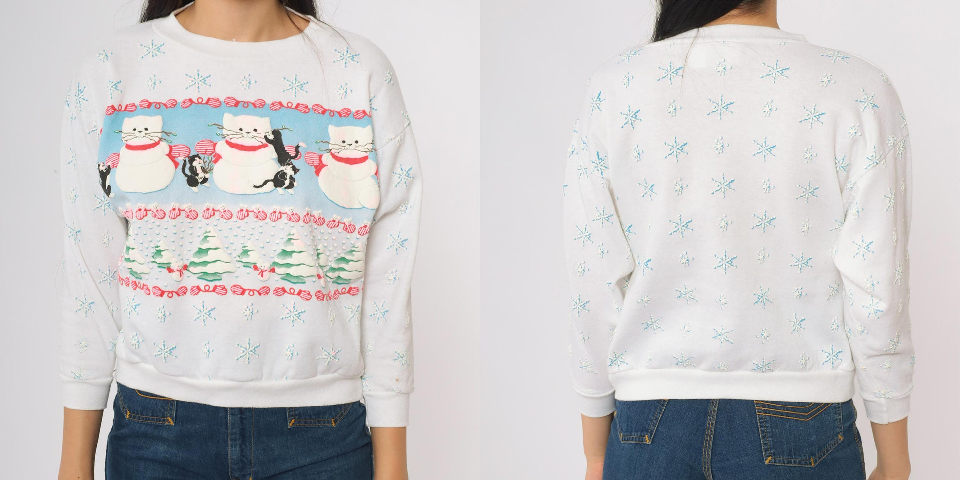 90s Scoop Christmas Cat Sweatshirt White Snowmen Snowflakes Extra Small XS