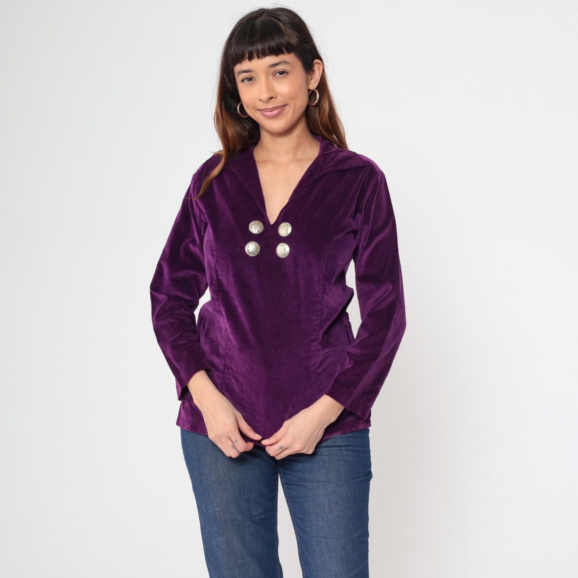 70s Purple Velvet Blouse V Neck Long Sleeve Silver Buttons Medium M