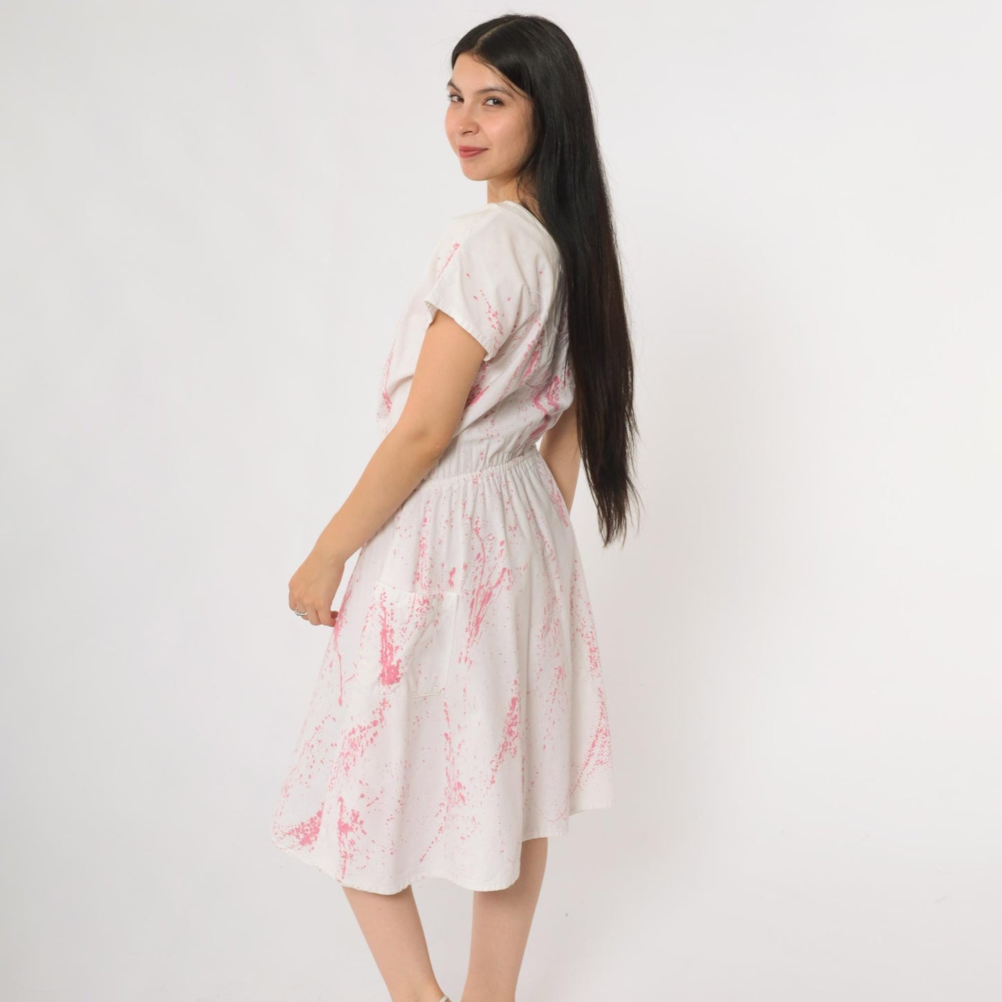 90s White Pink Splatter Print Midi Dress Cotton Short Sleeve Pockets Small