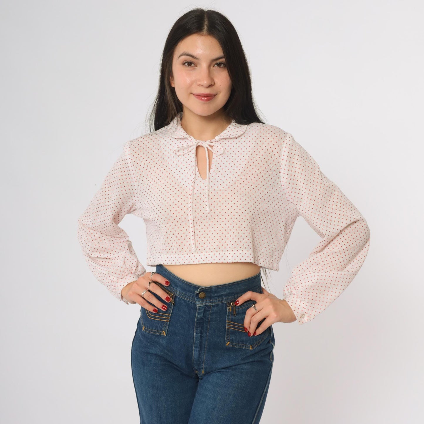 80s Polka Dot Cropped Blouse White Red Peter Pan Collar Tie Neck Medium