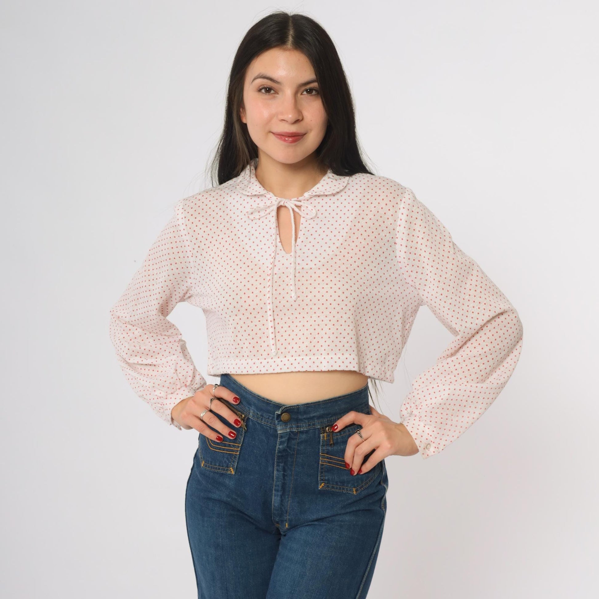 80s Polka Dot Cropped Blouse White Red Peter Pan Collar Tie Neck Medium