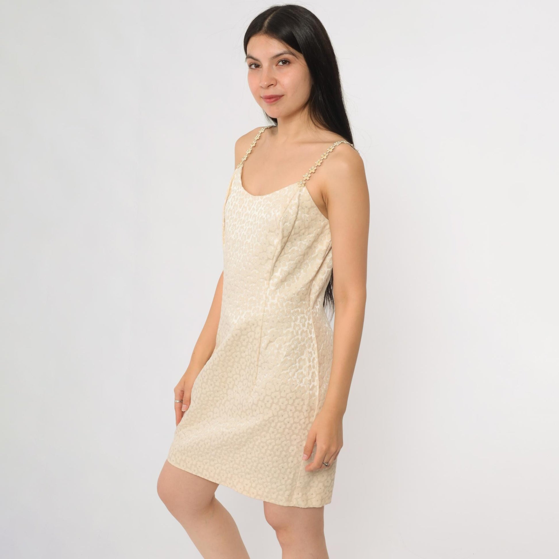 90s Jessica McClintock Gunne Sax Cream Gold Jacquard Mini Dress Beaded Straps Small S