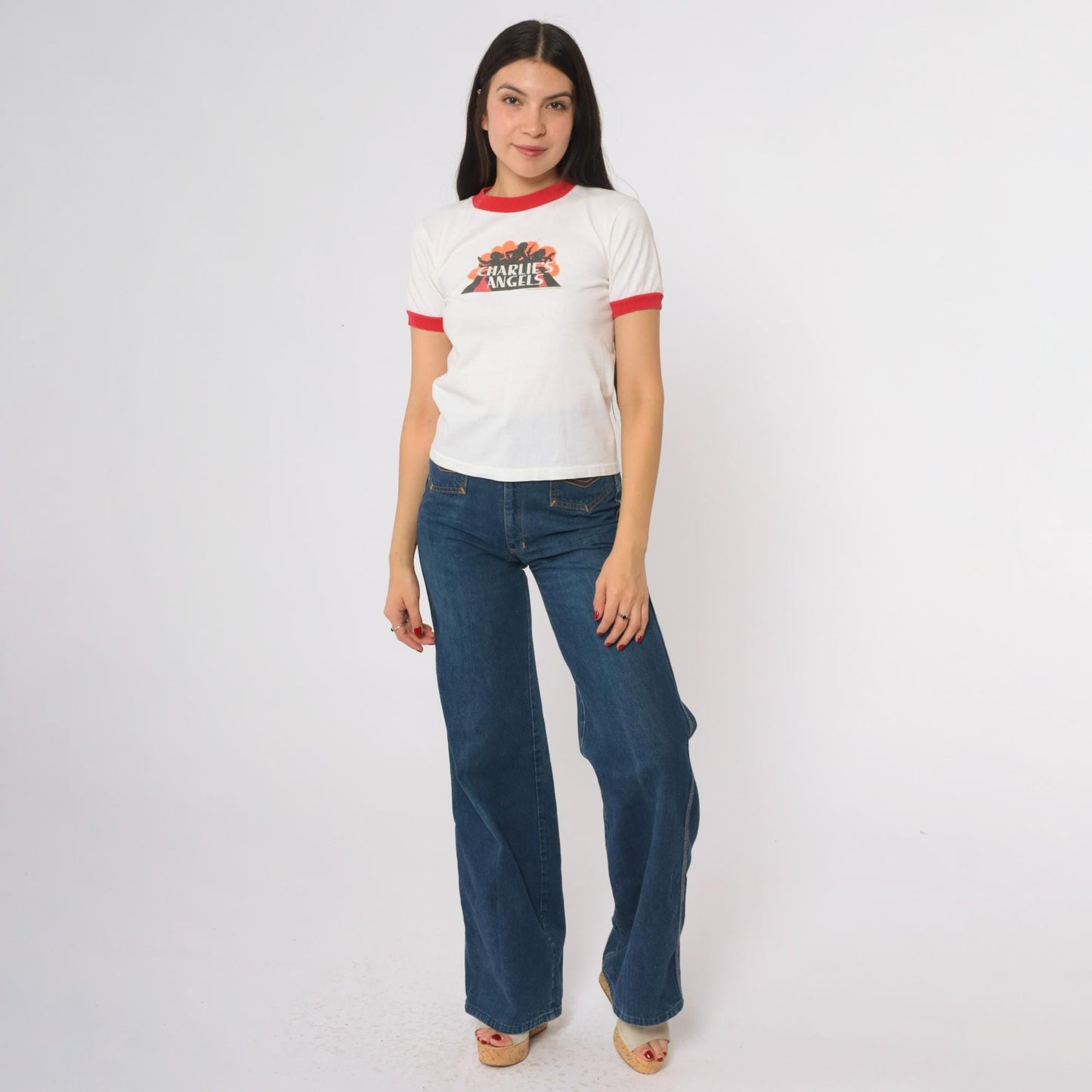 90s Charlie's Angels Ringer T-Shirt White Red Trim Graphic Tee Youth Medium