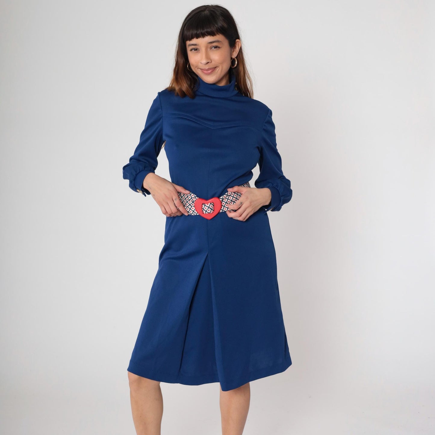 70s Navy Midi Dress Turtleneck Bishop Sleeve Western Yoke Heart Belt Medium