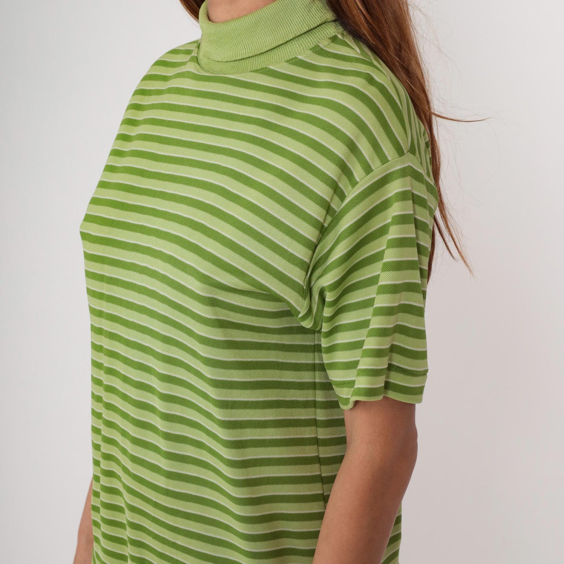 70s Striped Mock Neck Top Green Lime Short Sleeve Knit Pullover Medium Large