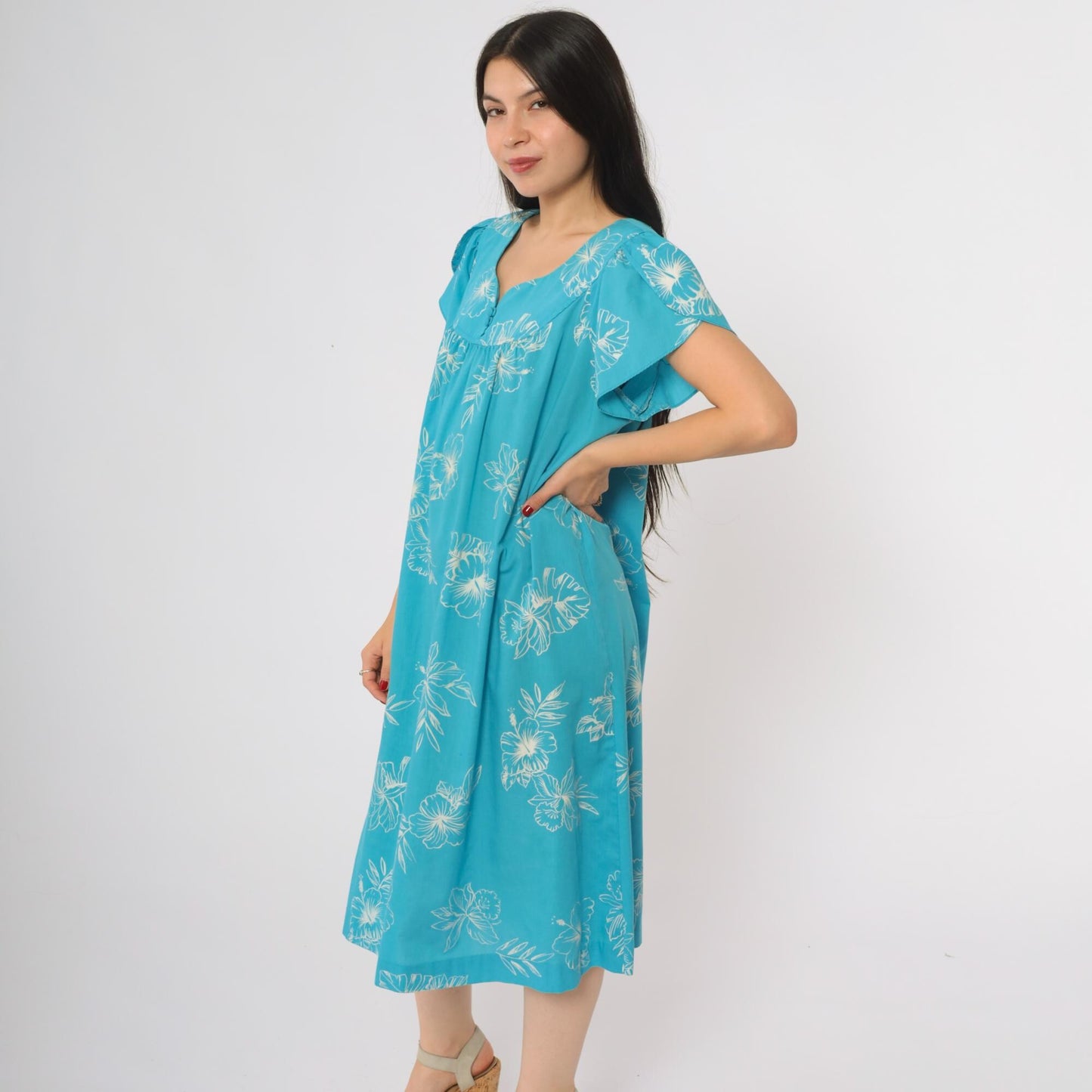 80s Turquoise Hibiscus Floral Midi Dress Scoop Neck Short Sleeve Loungewear Medium Large