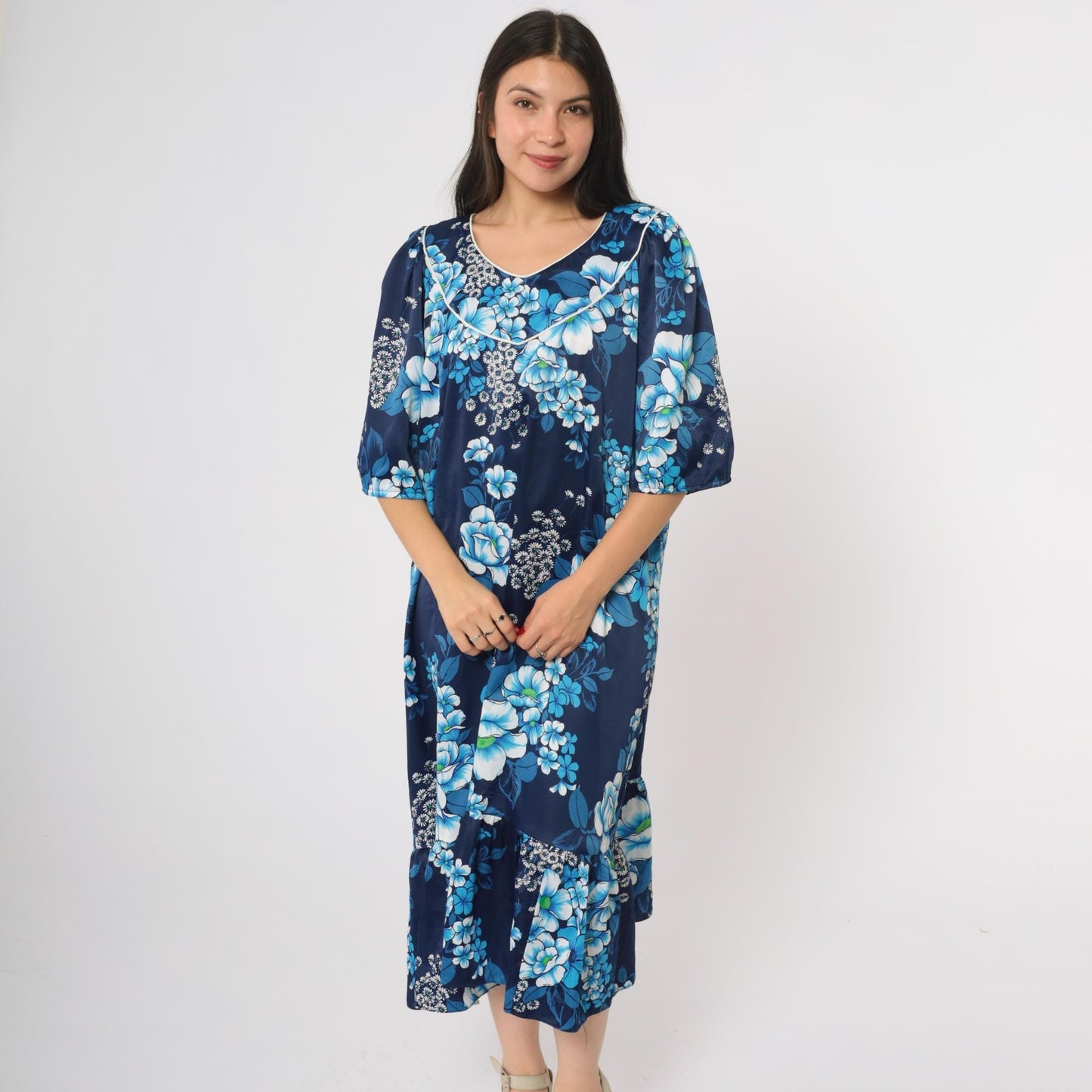 80s Hawaiian Navy Floral Dress Ruffle Hem Short Sleeve Pullover Extra Large XL