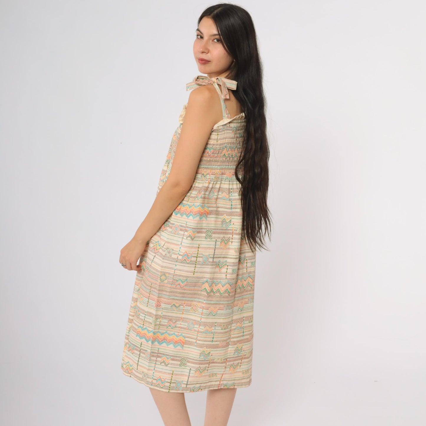 70s Cream Aztec Geometric Midi Dress Tie Shoulder Smocked Cotton Medium Large