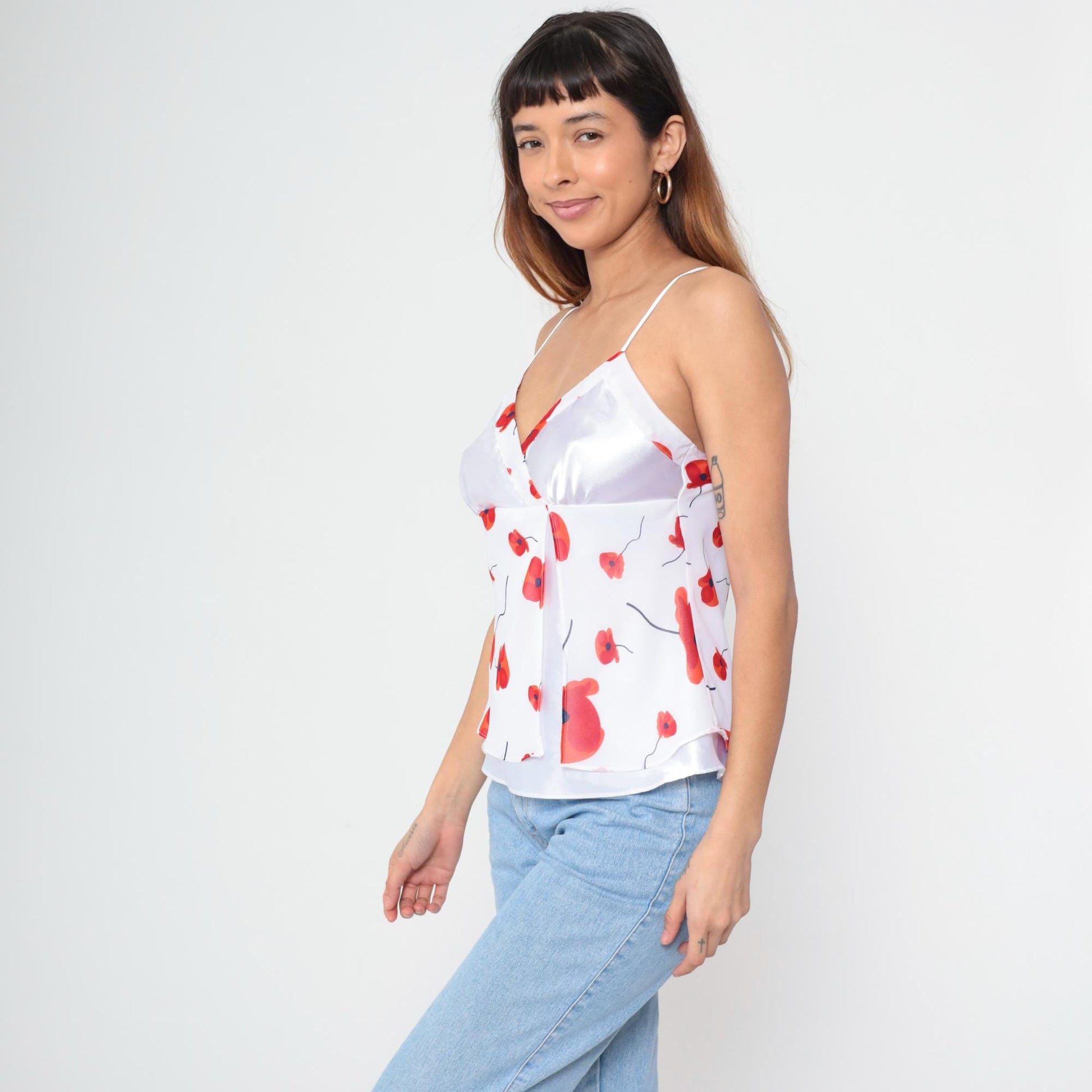 Y2K Red Poppy Floral Camisole White Spaghetti Strap Wrap Front Medium M