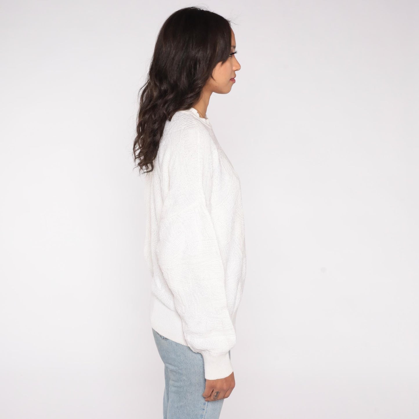 80s Neiman Marcus Cable Knit Sweater Cream Cotton Crew Neck Large L