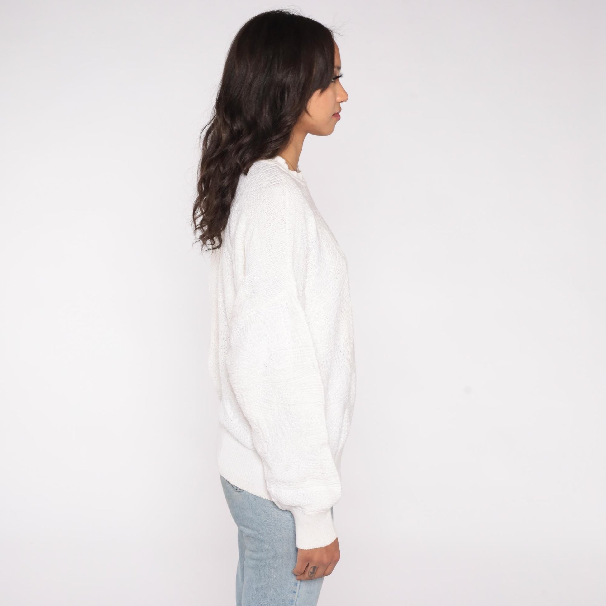 80s Neiman Marcus Cable Knit Sweater Cream Cotton Crew Neck Large L