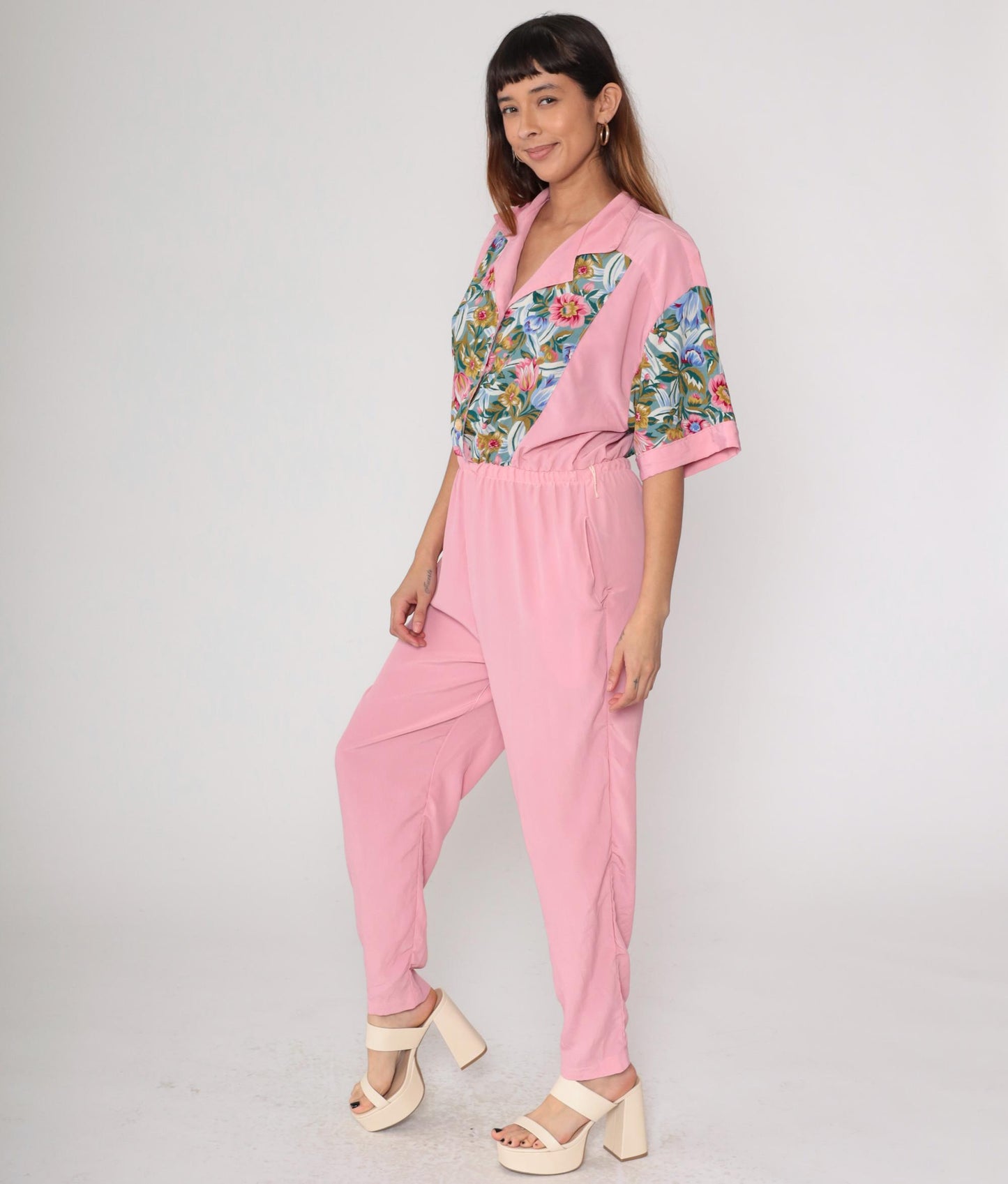 90s Pink Floral Jumpsuit Adolfo II Button Up Collared Tapered Medium