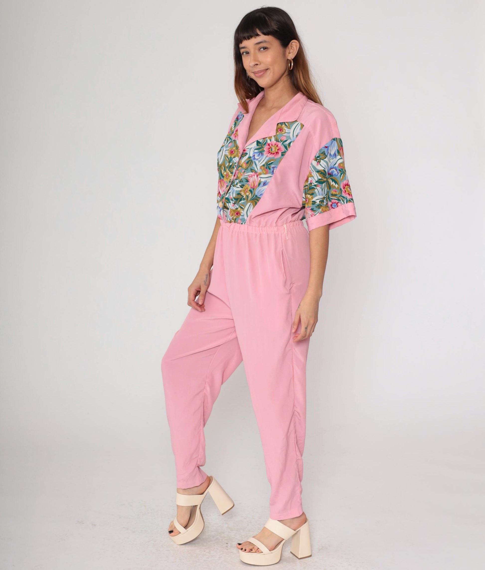 90s Pink Floral Jumpsuit Adolfo II Button Up Collared Tapered Medium