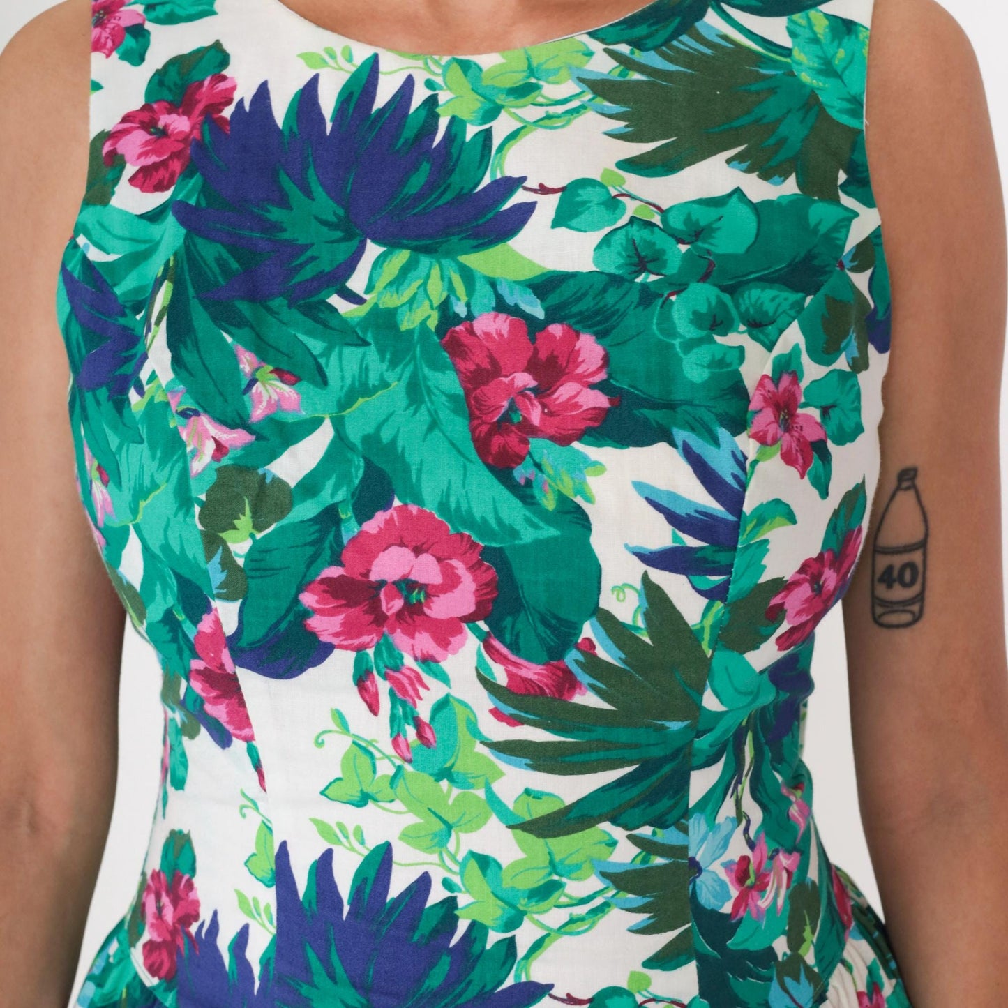 80s All That Jazz Tropical Floral Midi Dress Green Pink Open Back Small
