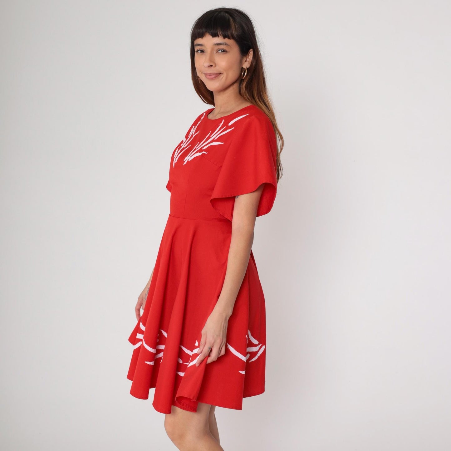 60s Red Mini Dress White Embroidery Flutter Sleeve Fit Flare Cotton Small