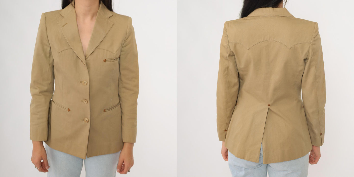 70s Ralph Lauren Western Wear Blazer Tan Cotton Equestrian Jacket Extra Small XS