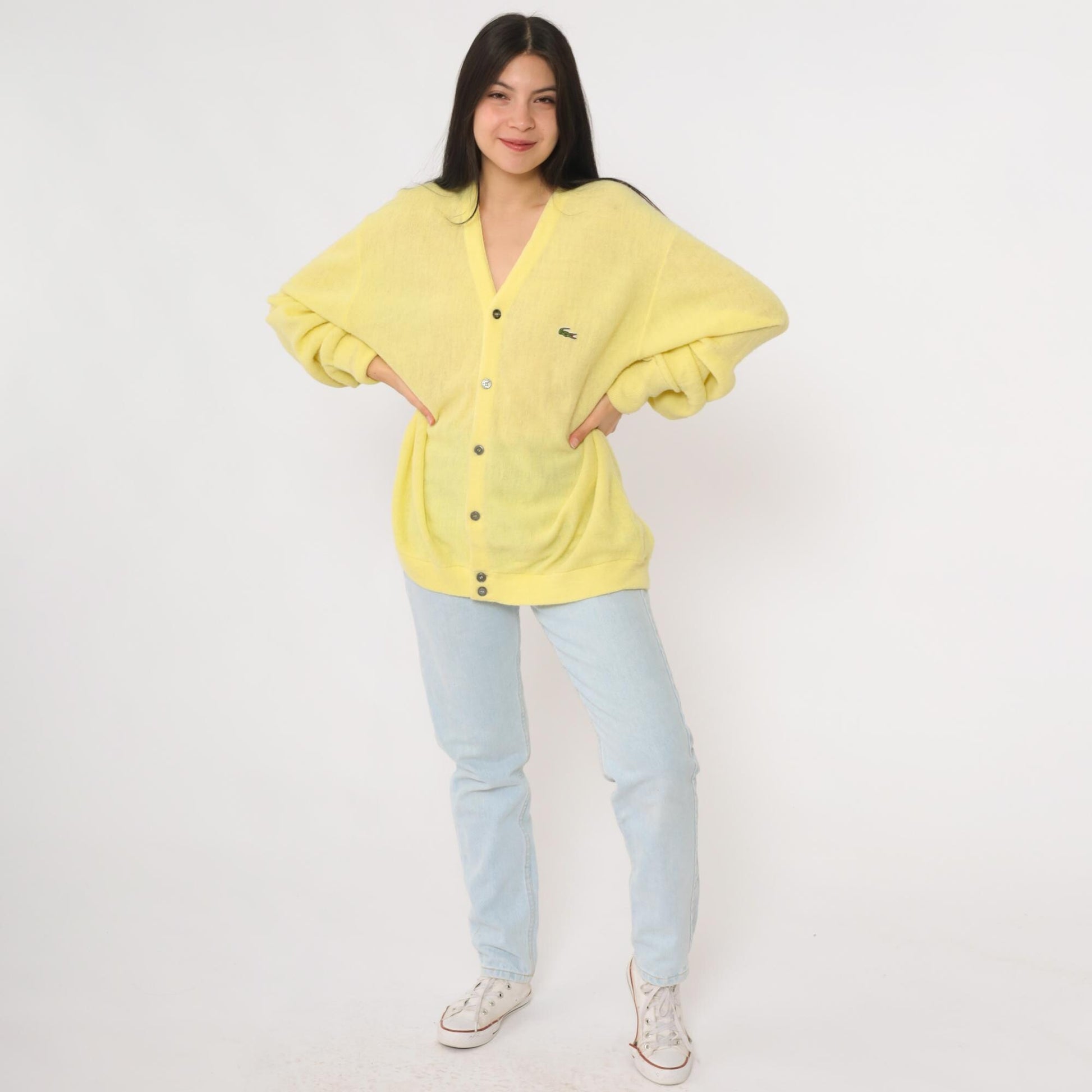 70s Lacoste Yellow Cardigan Crocodile Logo Button Front Extra Large XL