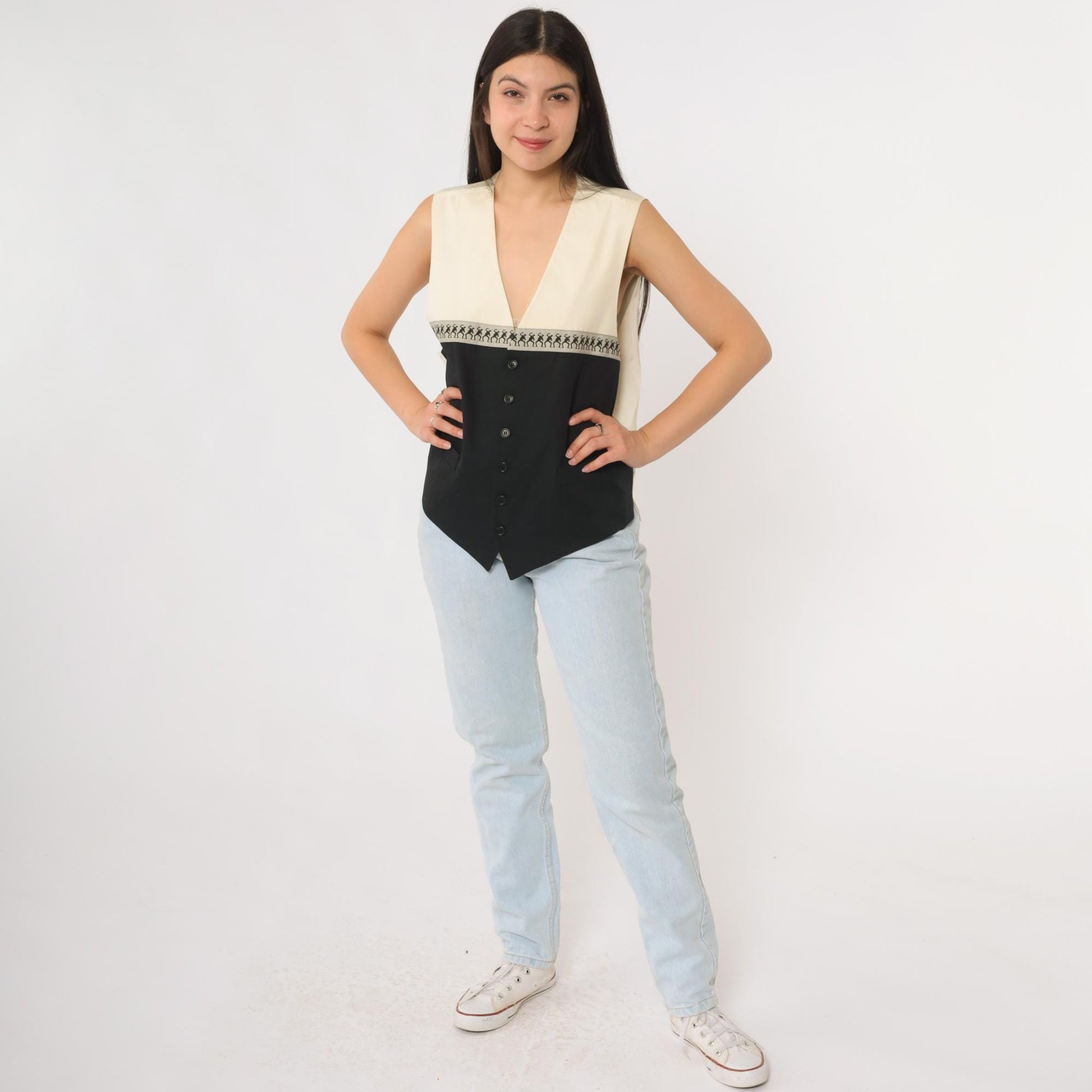 90s Moschino Cheap and Chic Vest Black White Colorblock Button Front Medium