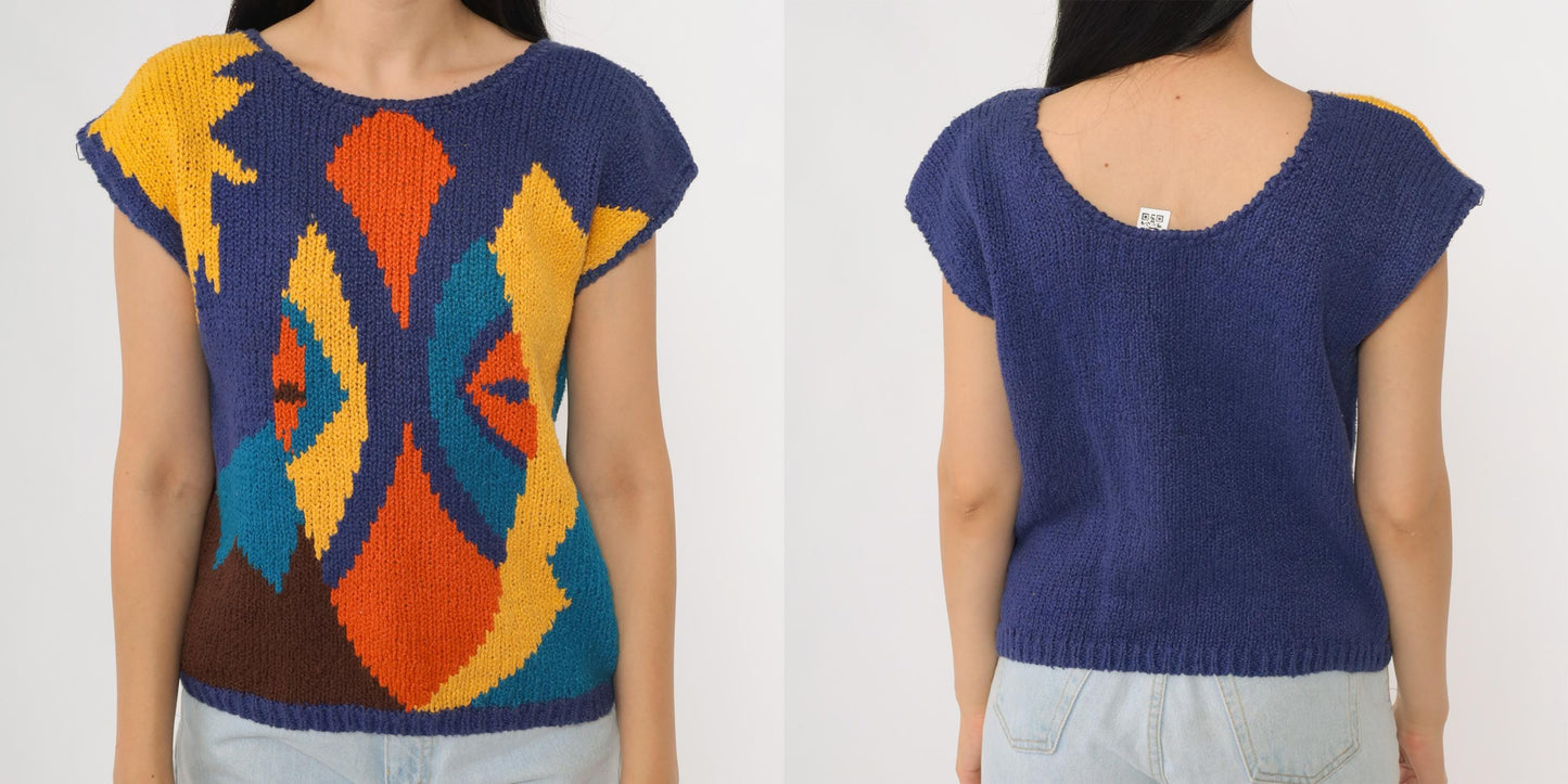 80s Jeanne Pierre Abstract Geometric Knit Vest Cap Sleeve Colorblock Medium