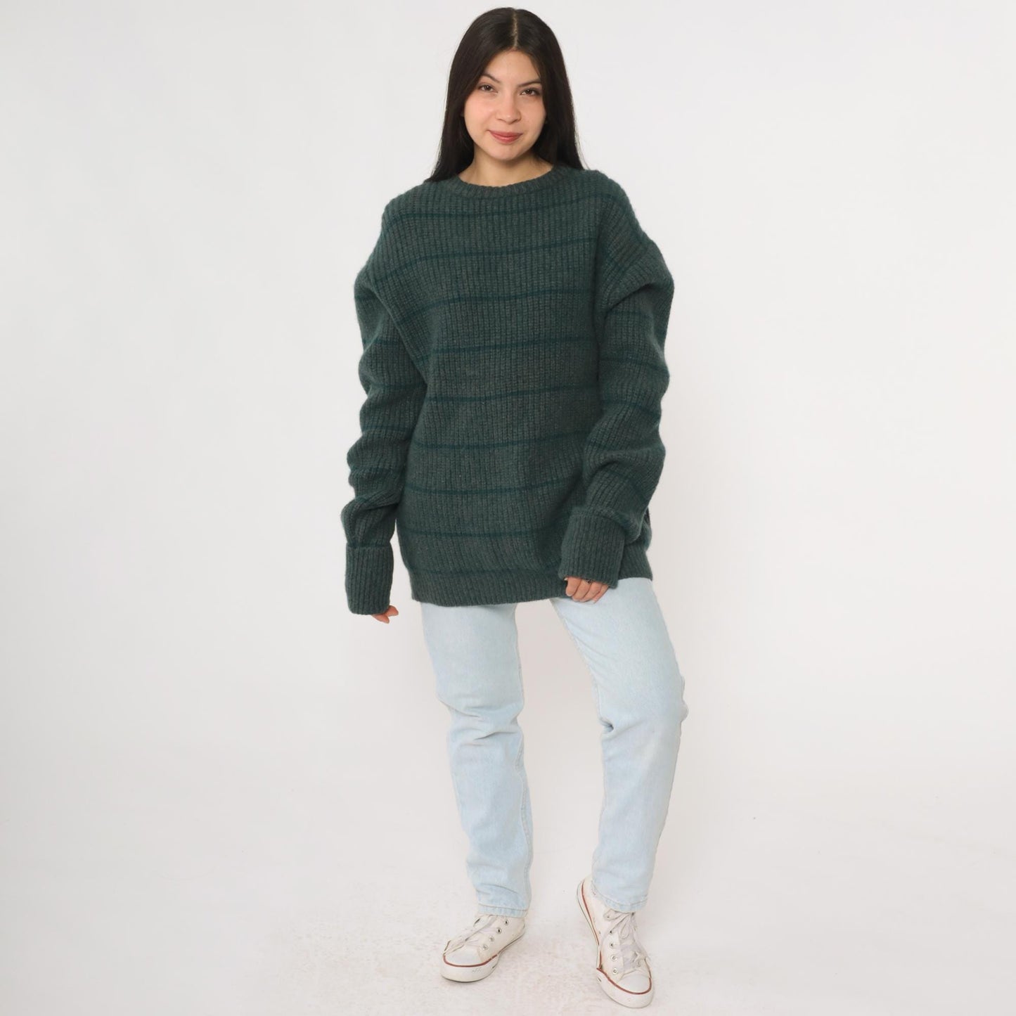 80s Fieldgear Wool Sweater Dark Teal Horizontal Stripe Ribbed Knit Extra Large XL