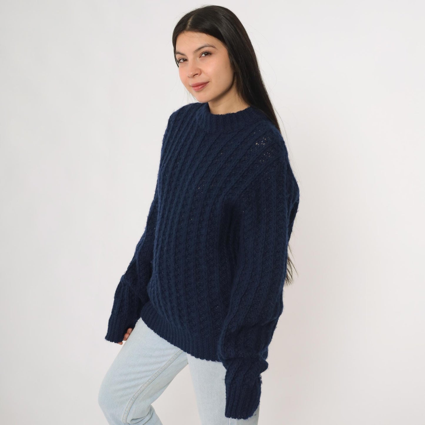 80s Robert Bruce Navy Wool Chunky Knit Crewneck Pullover Medium M