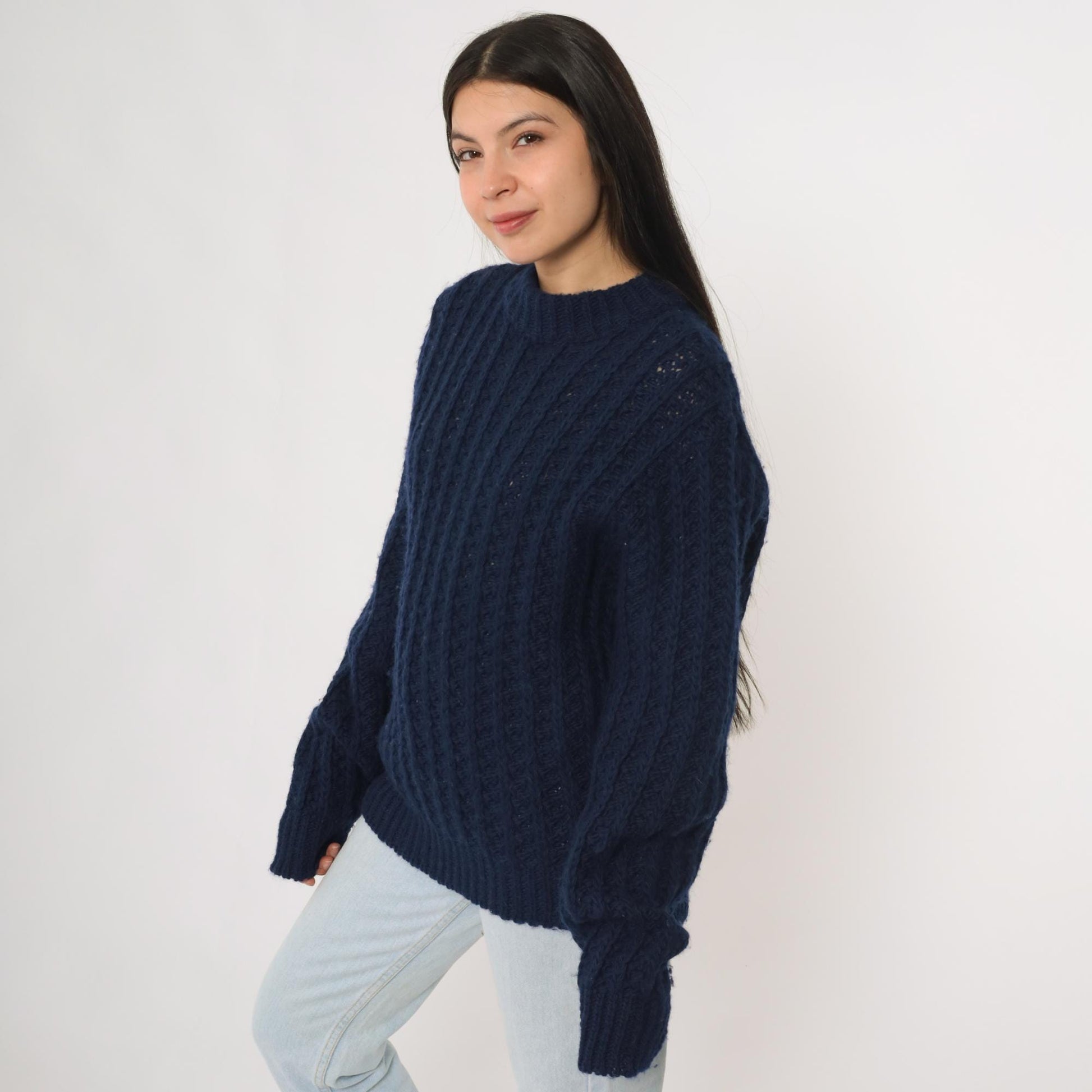 80s Robert Bruce Navy Wool Chunky Knit Crewneck Pullover Medium M