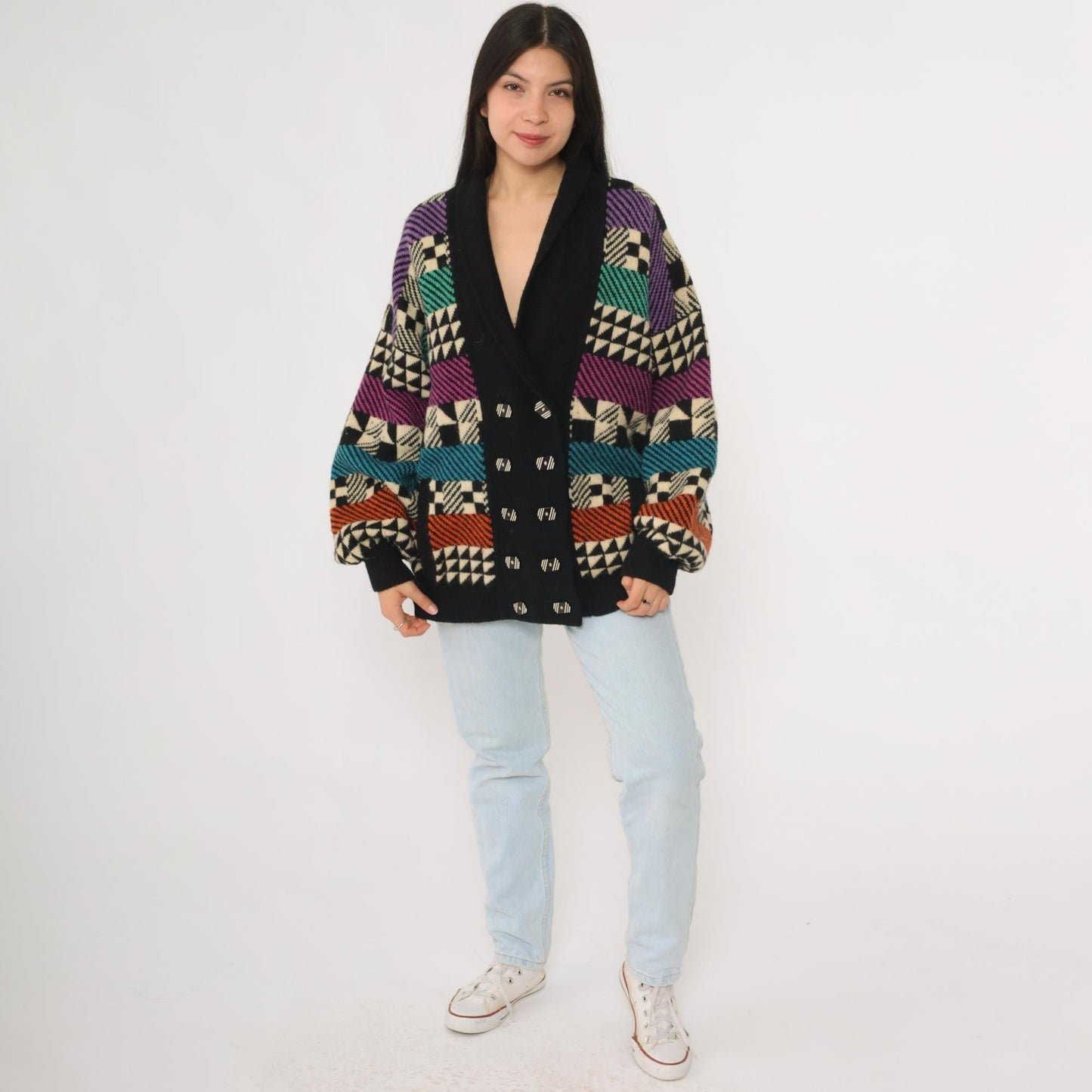 90s Kotki Dwa Wool Cardigan Black Abstract Geometric Purple Teal Orange Large L