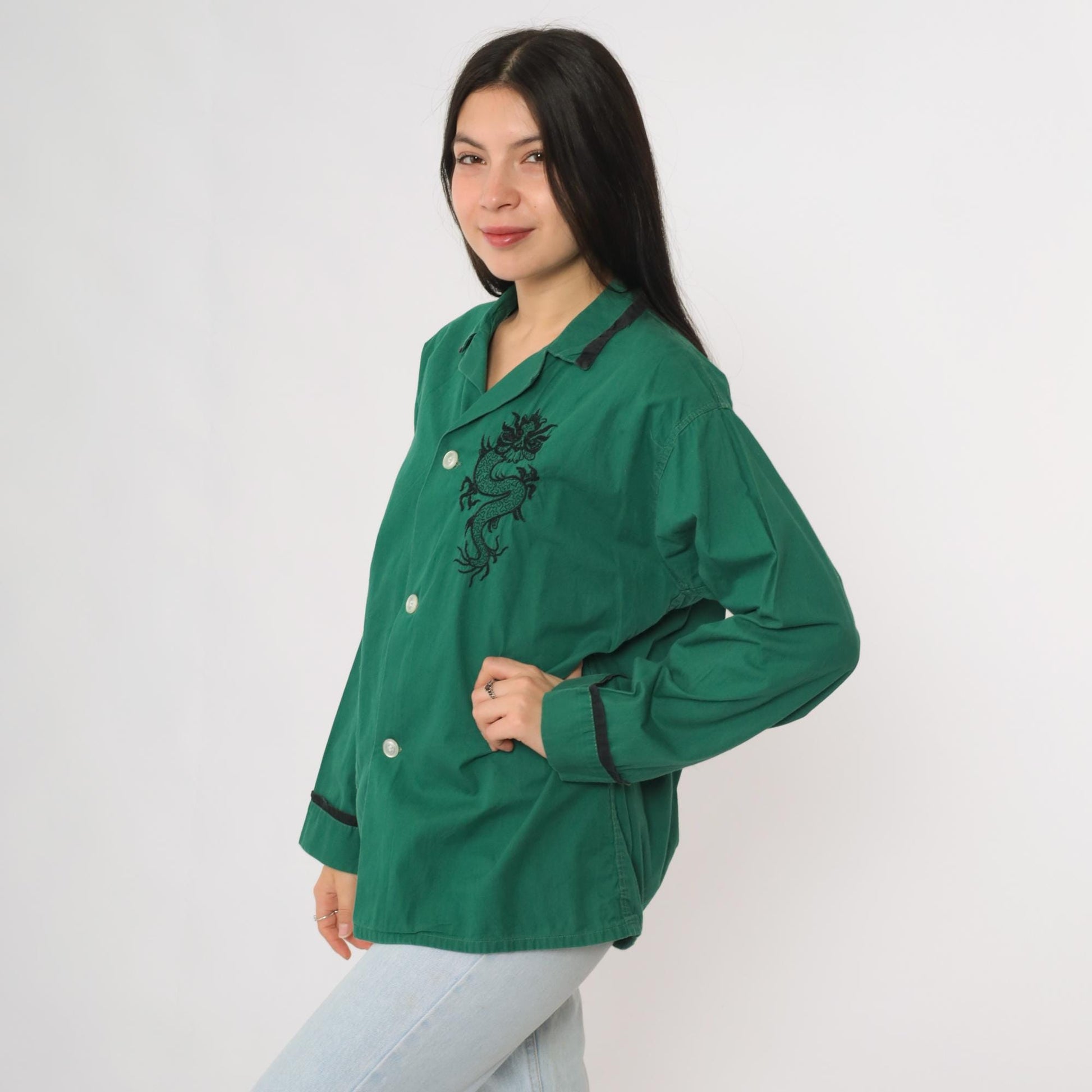 70s Dragon Embroidered Green Cotton Button Up Blouse Black Long Sleeve Large
