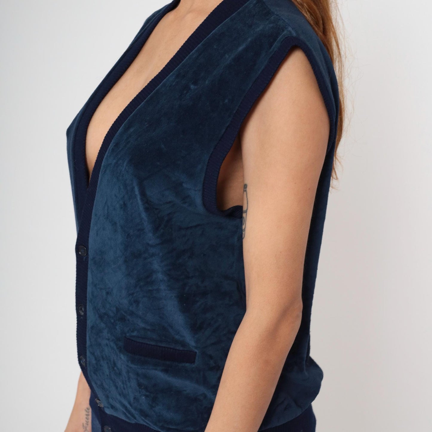80s Navy Velvet Button Front Vest Deep V-Neck Sleeveless Large L