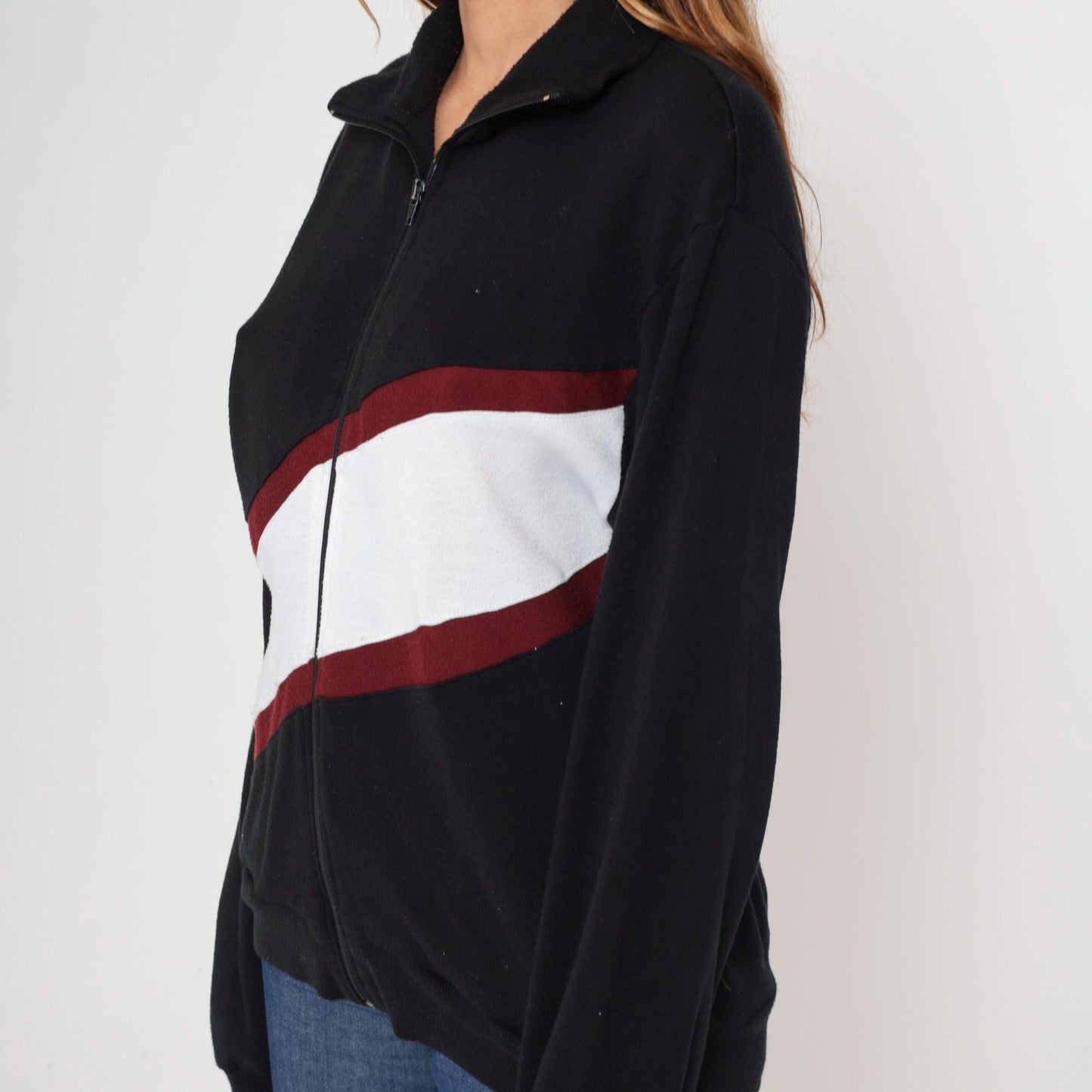 80s Track and Court Jacket Black Red White Color Block Zip Mock Neck Medium