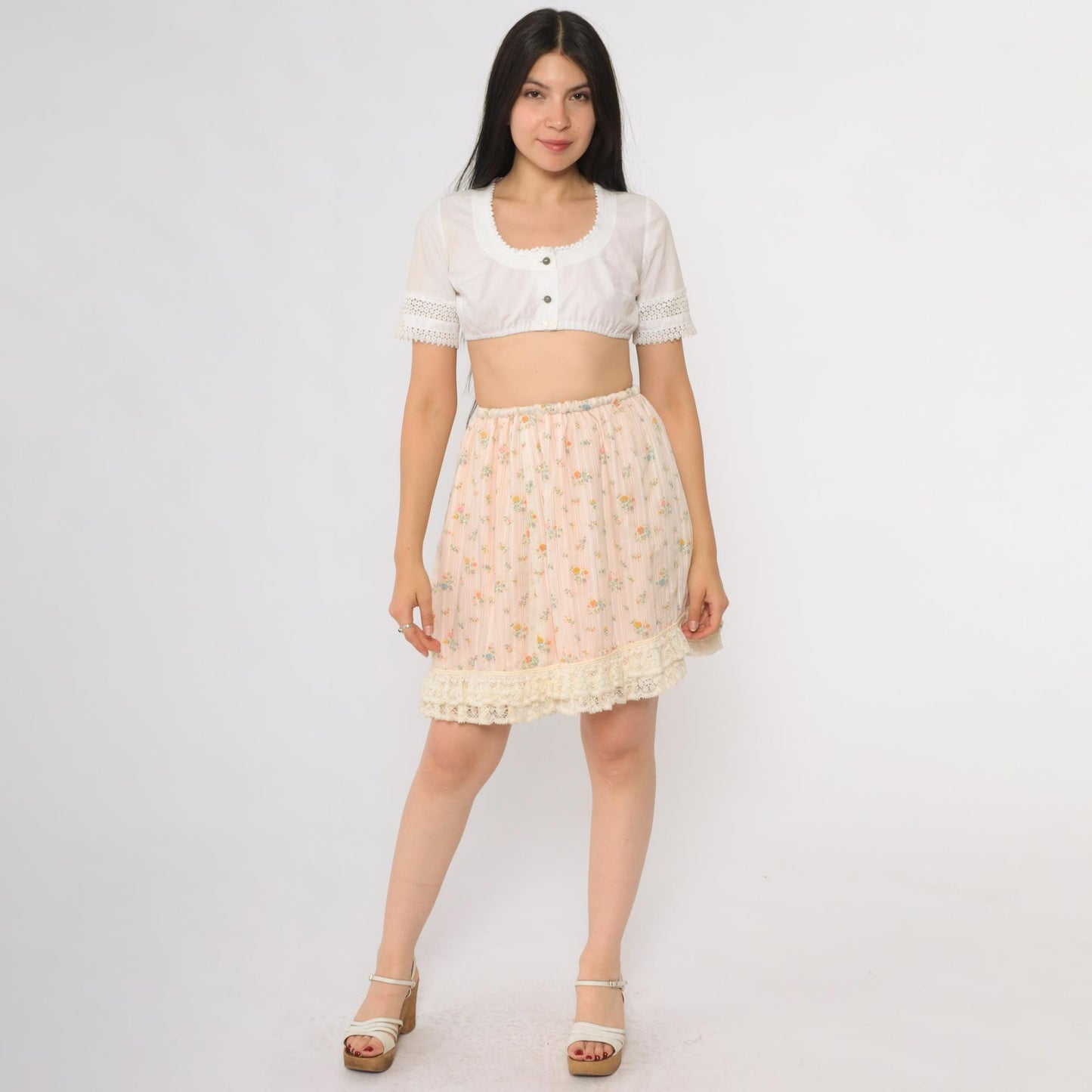 70s Pink Floral Mini Skirt Lace Hem Elastic Waist Extra Small