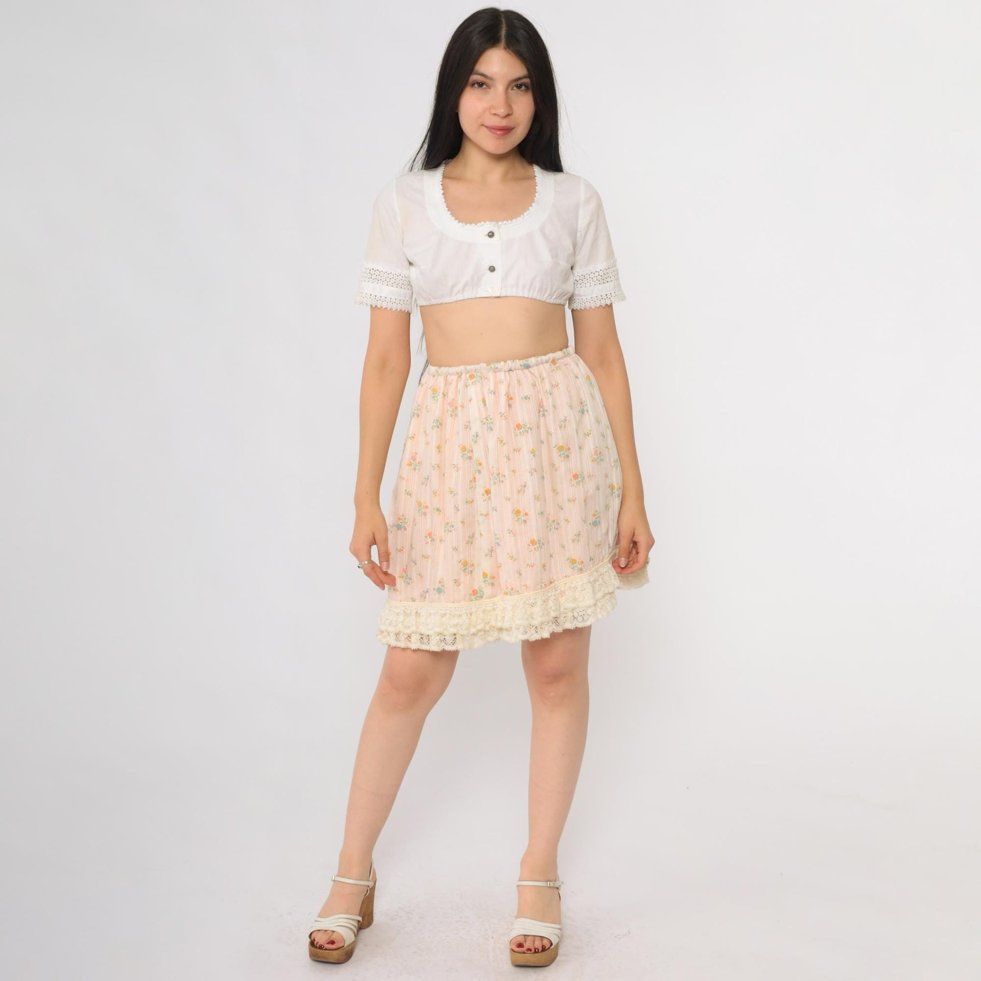 70s Pink Floral Mini Skirt Lace Hem Elastic Waist Extra Small