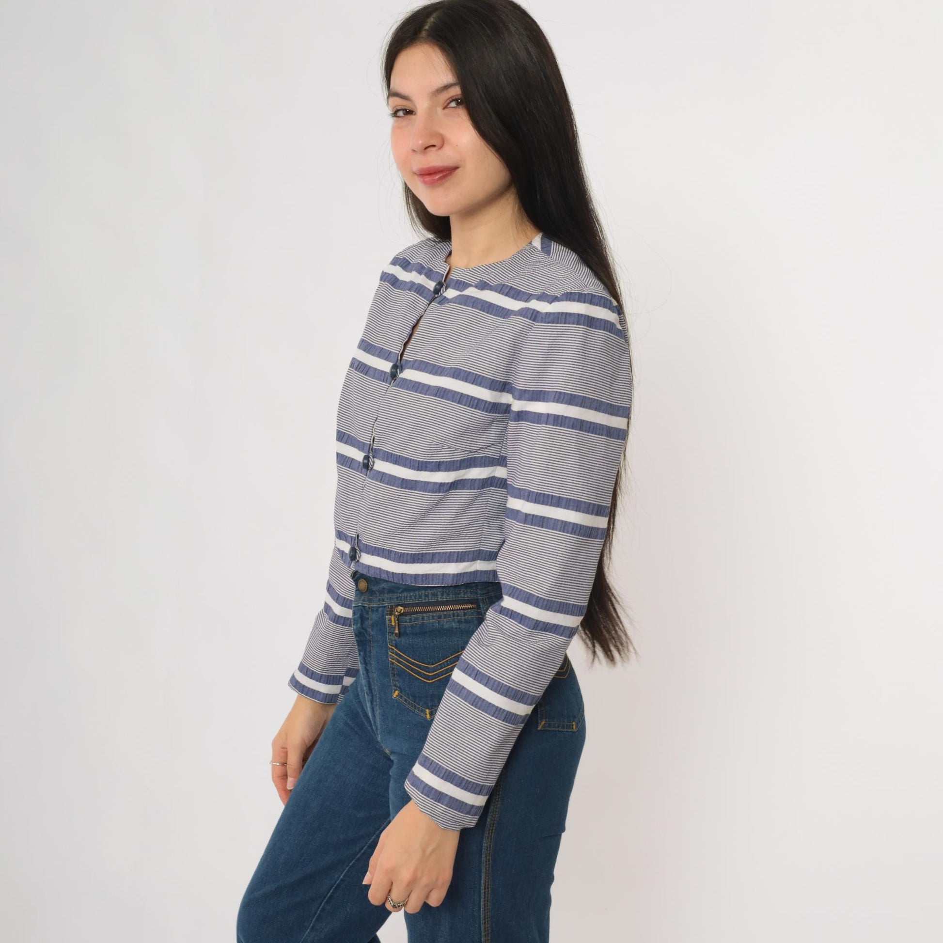80s Gavi Striped Cropped Jacket Navy White Band Collar Size 10
