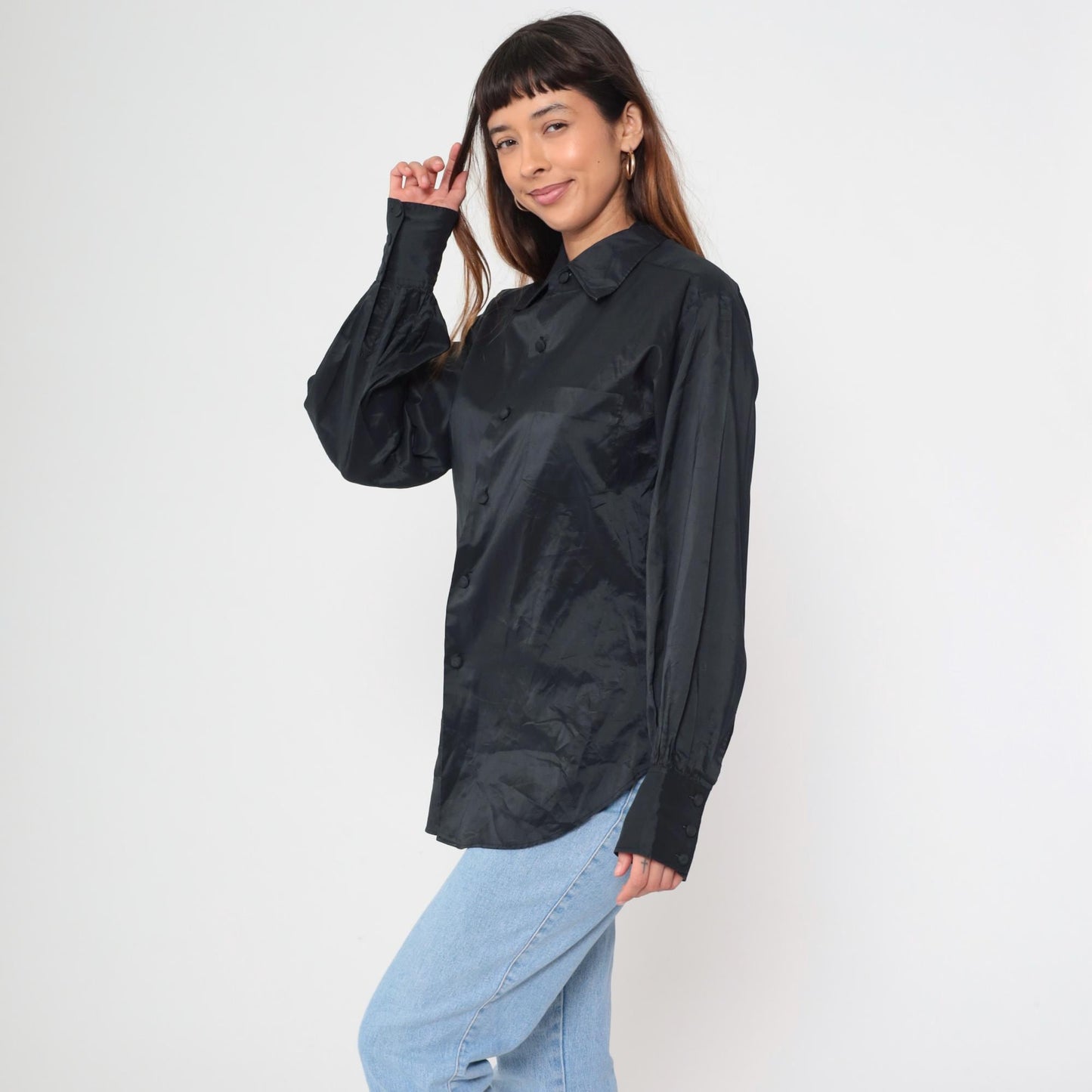 70s Elson Black Button-Up Shirt Pointed Collar Long Sleeve Medium M
