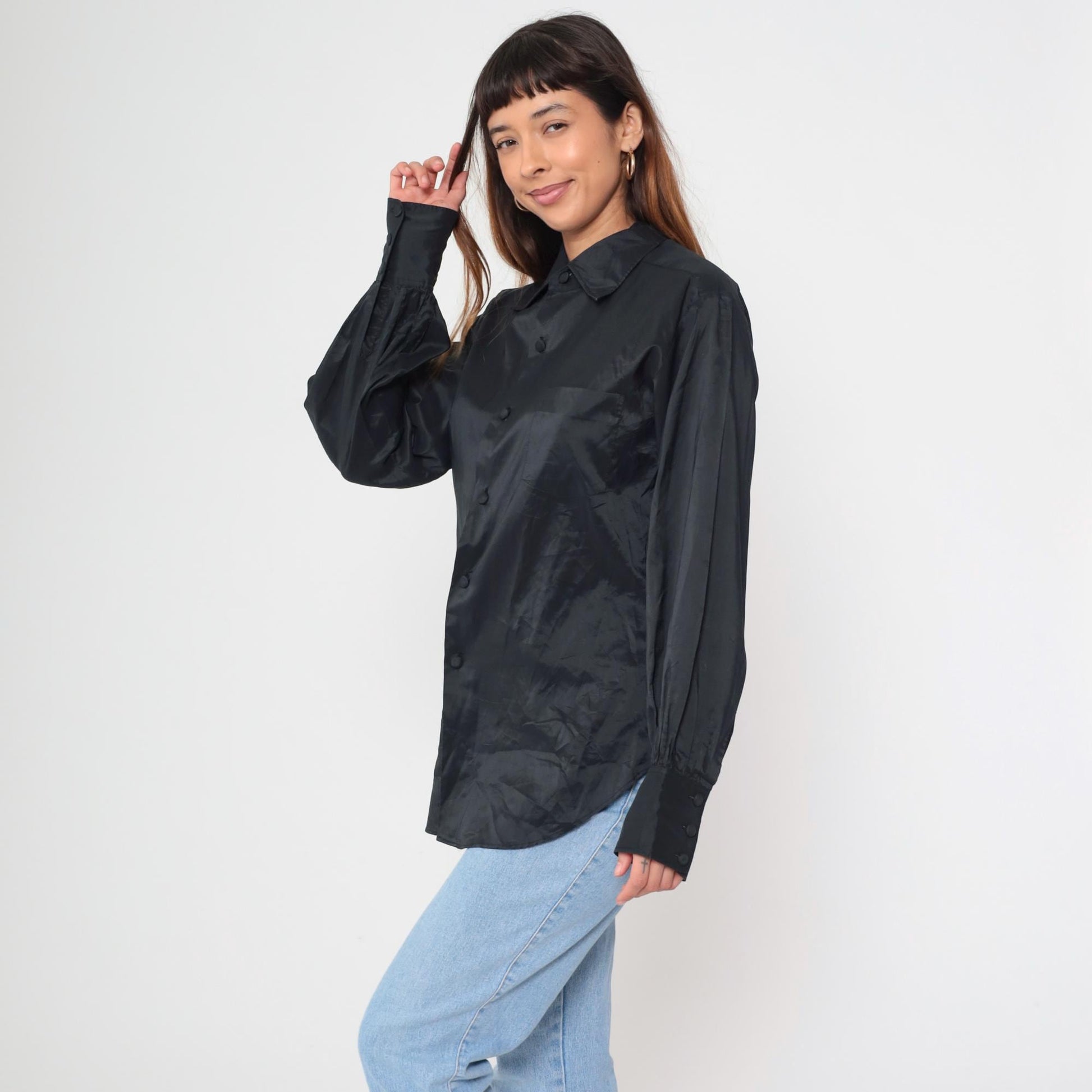 70s Elson Black Button-Up Shirt Pointed Collar Long Sleeve Medium M