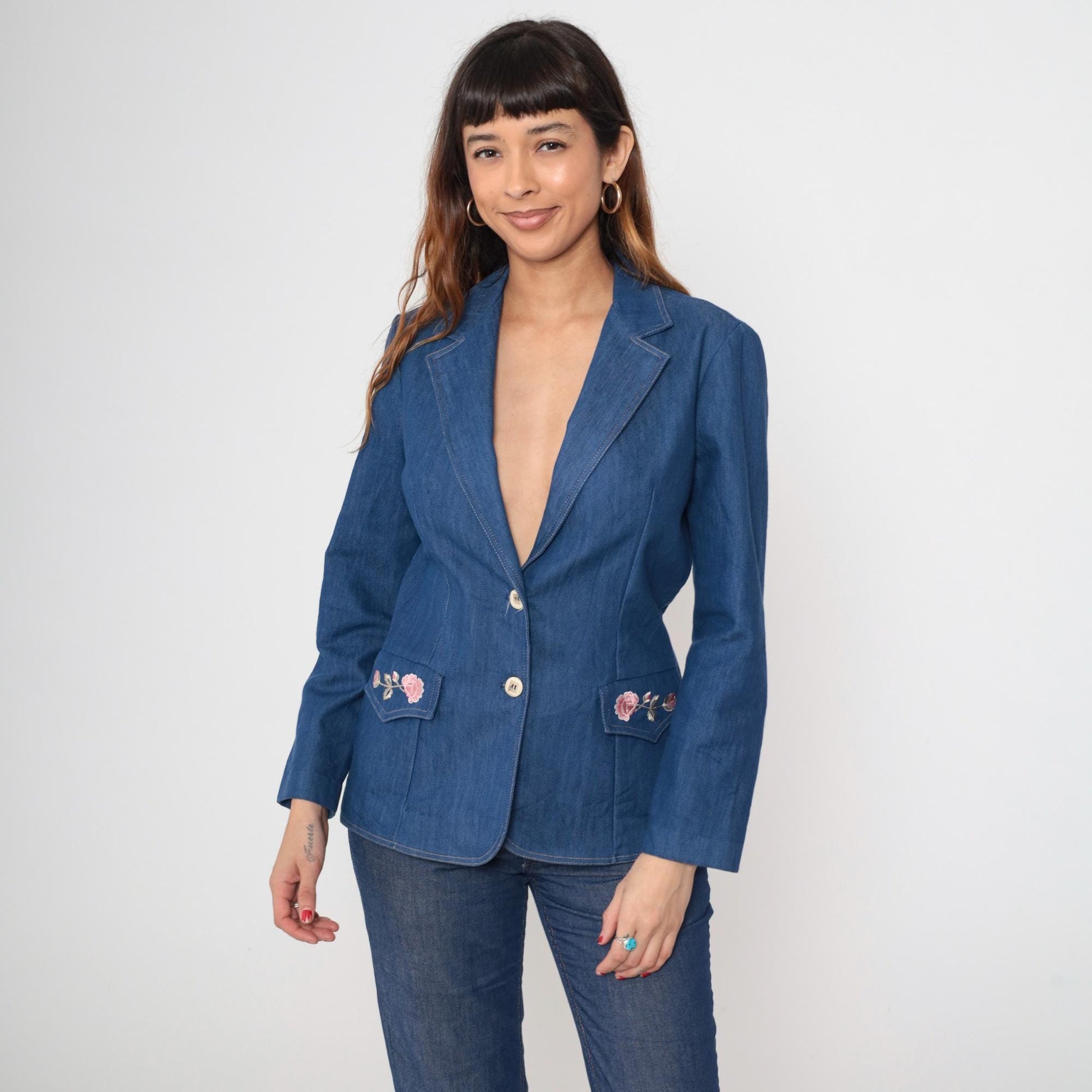 70s Embroidered Denim Blazer Pink Rose Floral Blue Jean Jacket Medium M