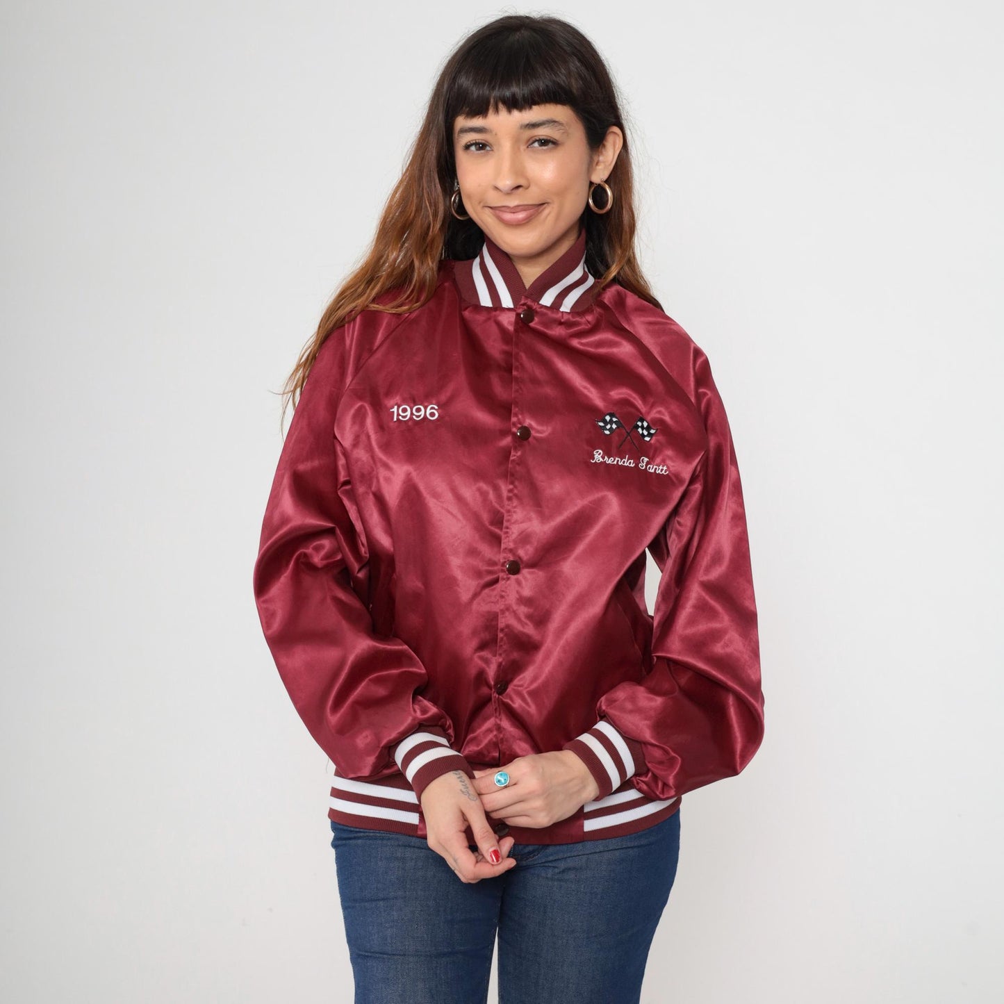90s Duke City Raceway Maroon Satin Bomber Jacket Embroidered Racing Medium