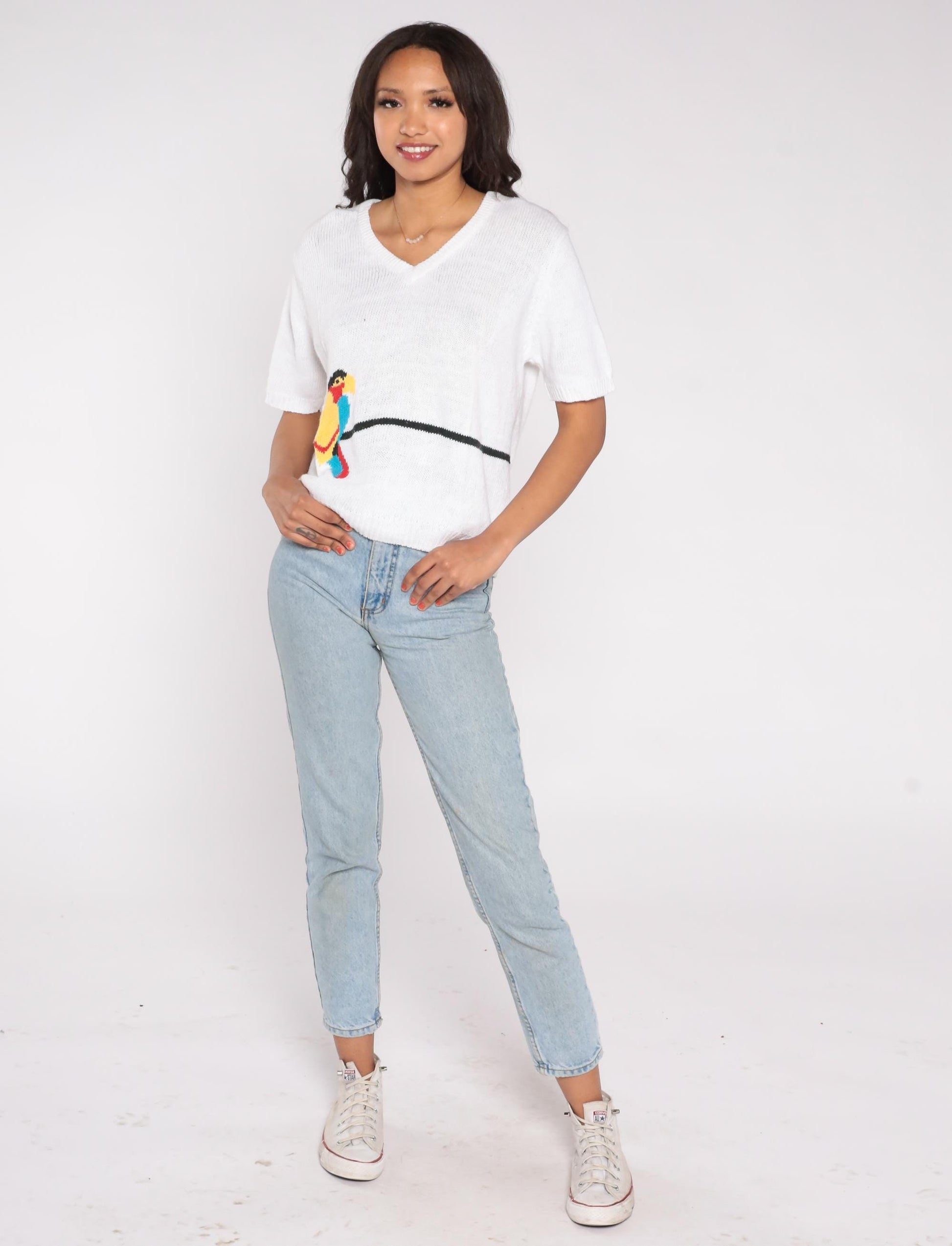 80s Country Suburbans Parrot Sweater White V-Neck Knit Extra Large XL