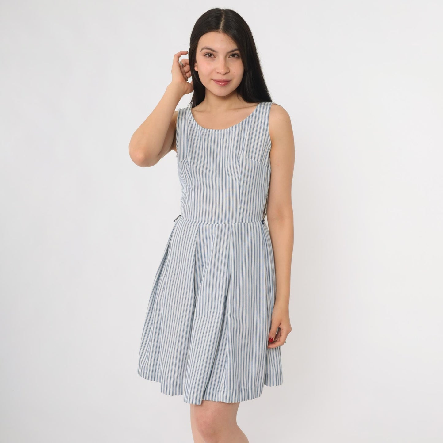 60s Blue White Striped Seersucker Sundress Sleeveless A-Line Scoop Neck Extra Small