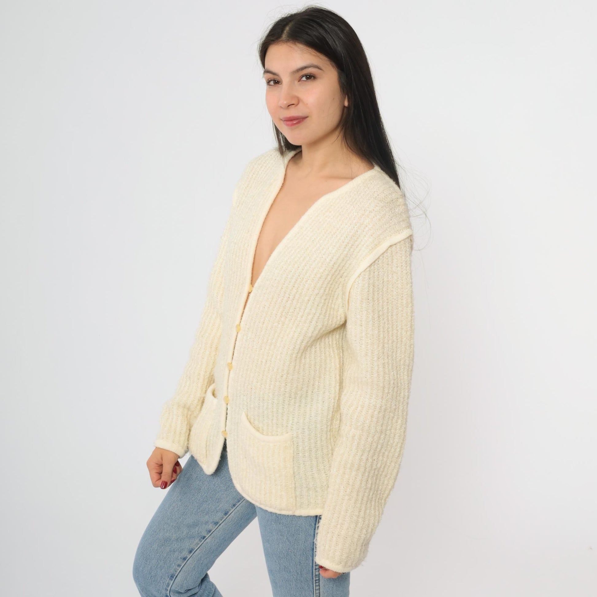 80s Ivory Knit Cardigan V-Neck Ribbed Texture Front Pockets Large L