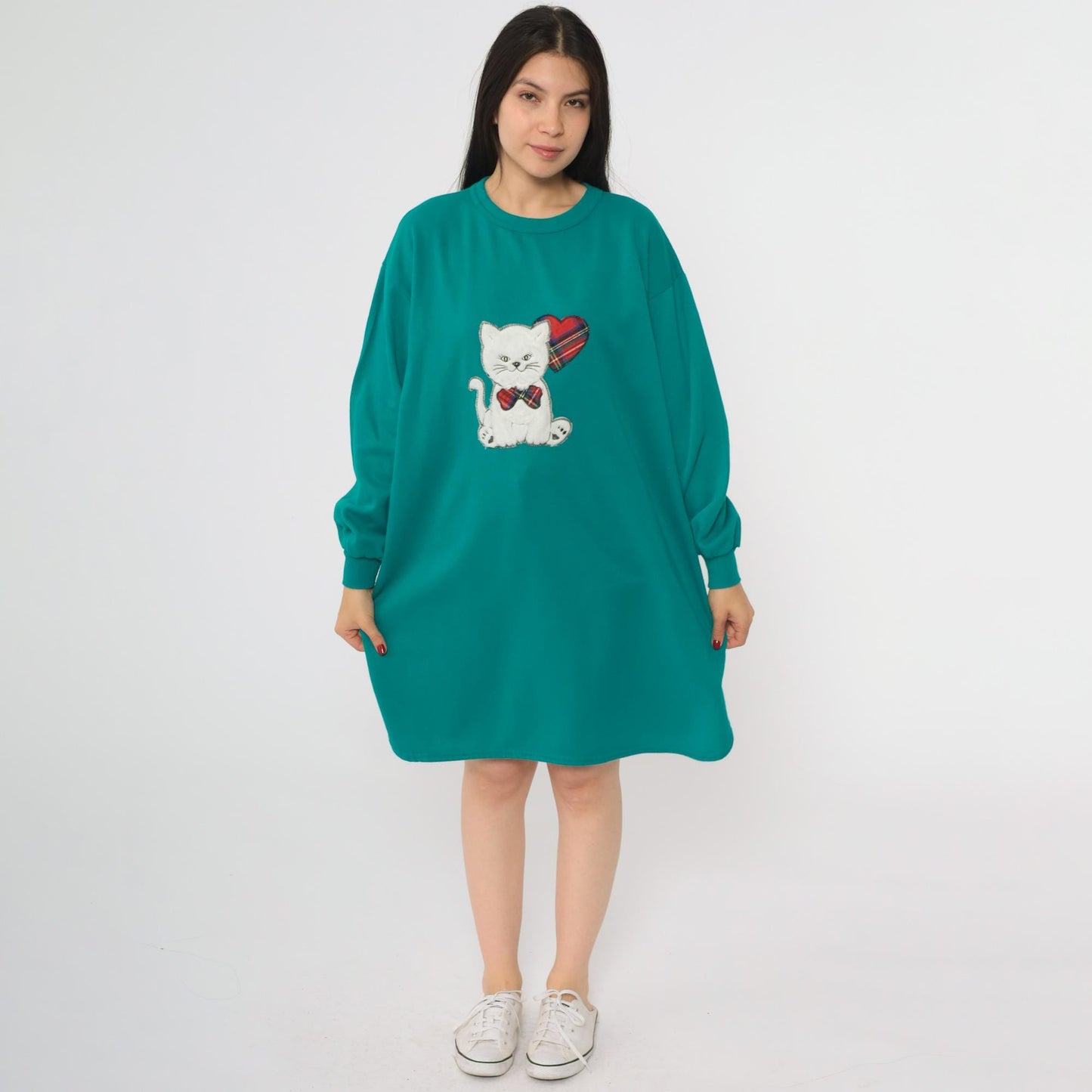90s Teal Cat Applique Sweatshirt Dress Fuzzy Kitten Pullover Small S